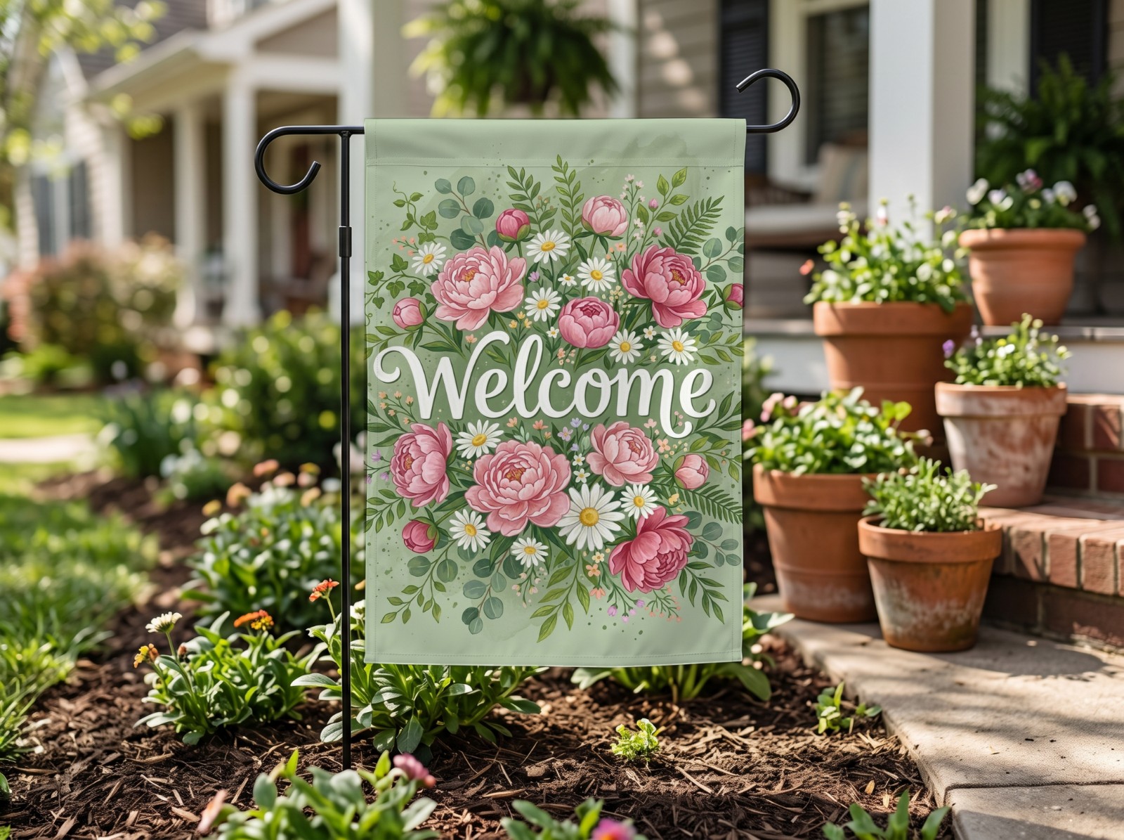White Garden Flag Mockup by the Porch with Terracotta Pots example