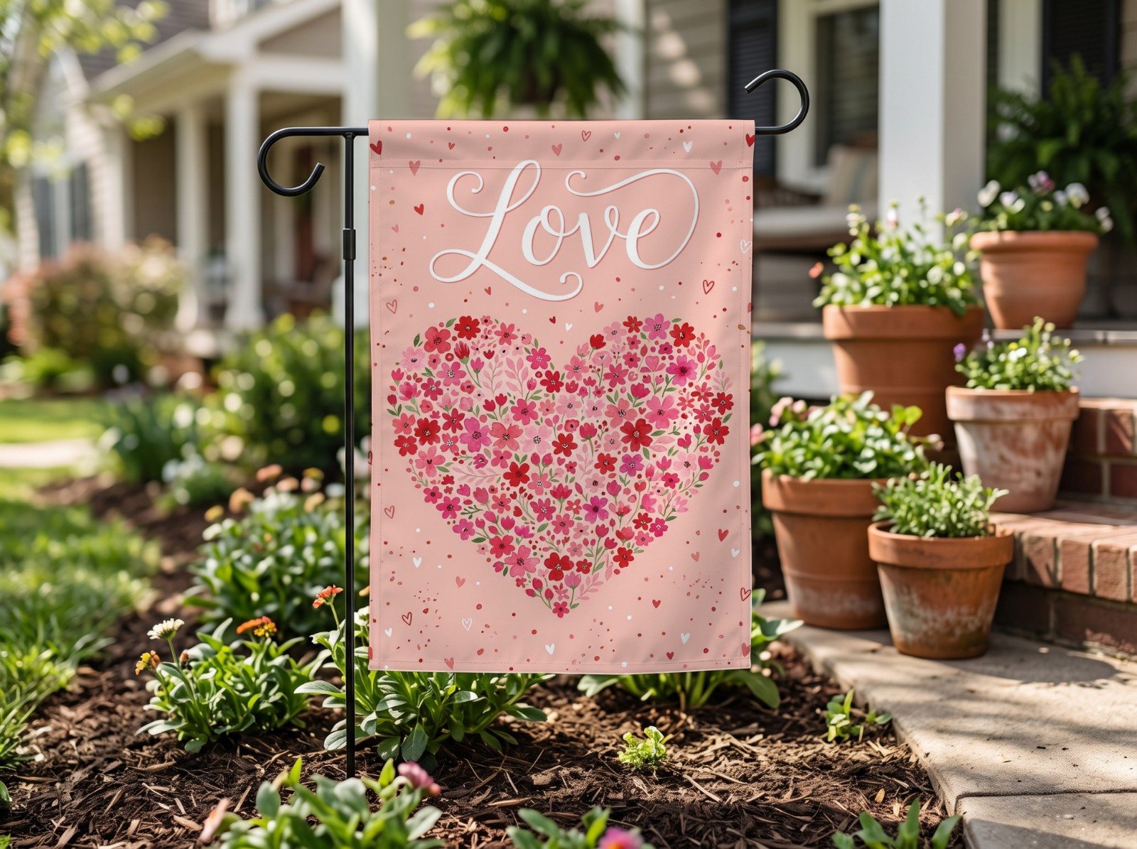 White Garden Flag by the Porch with Terracotta Pots showing a Valentine Love heart design