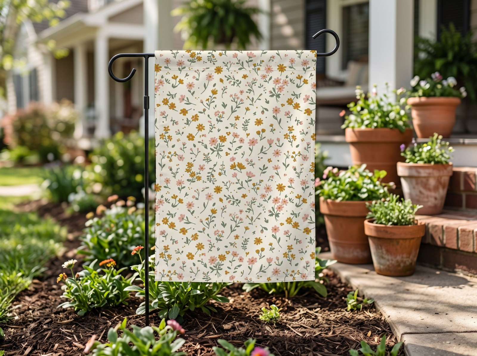 White Garden Flag by the Porch with Terracotta Pots showing a ditsy wildflower pattern