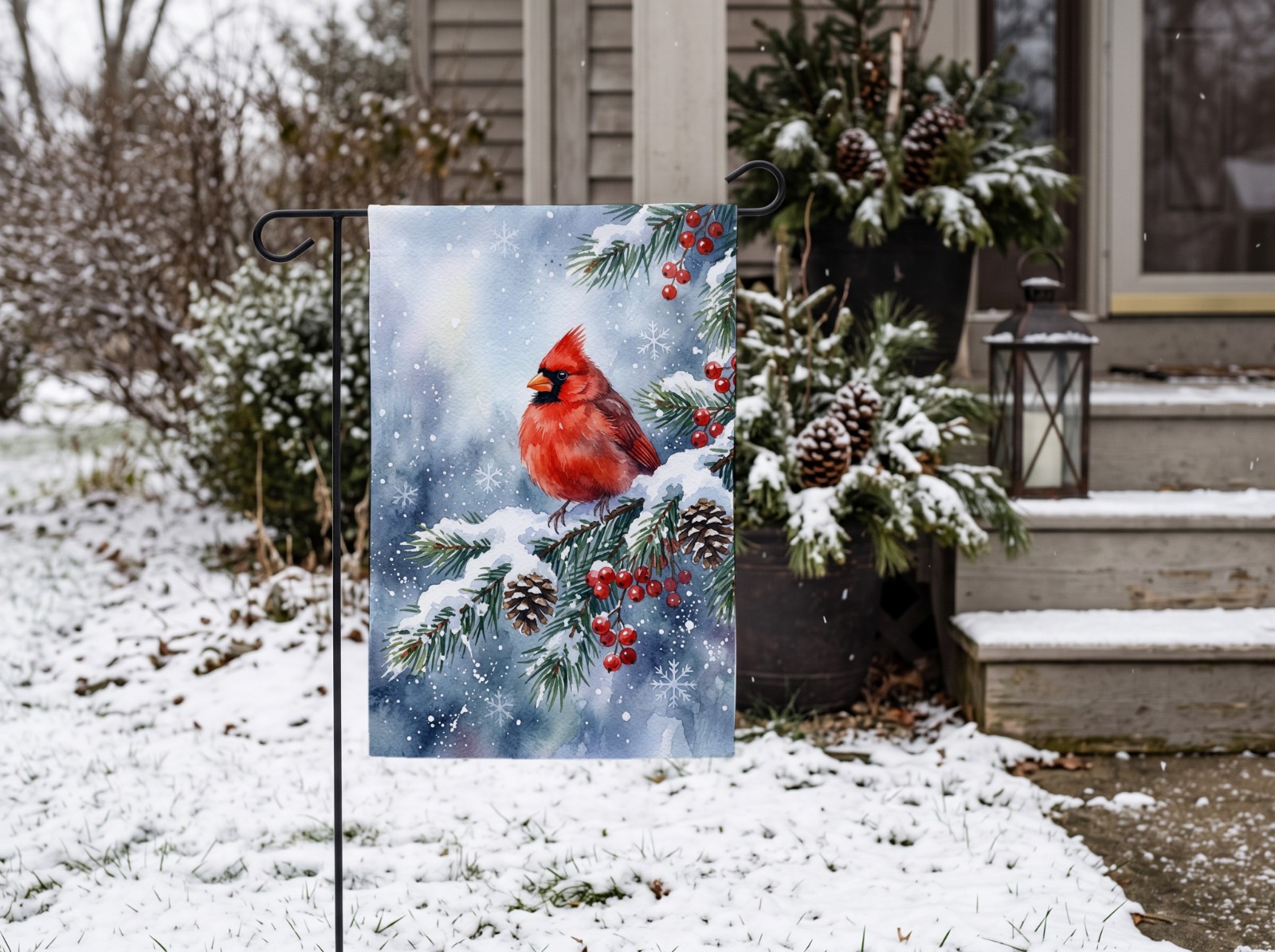 White Garden Flag Mockup in the Snow by a Winter Porch example