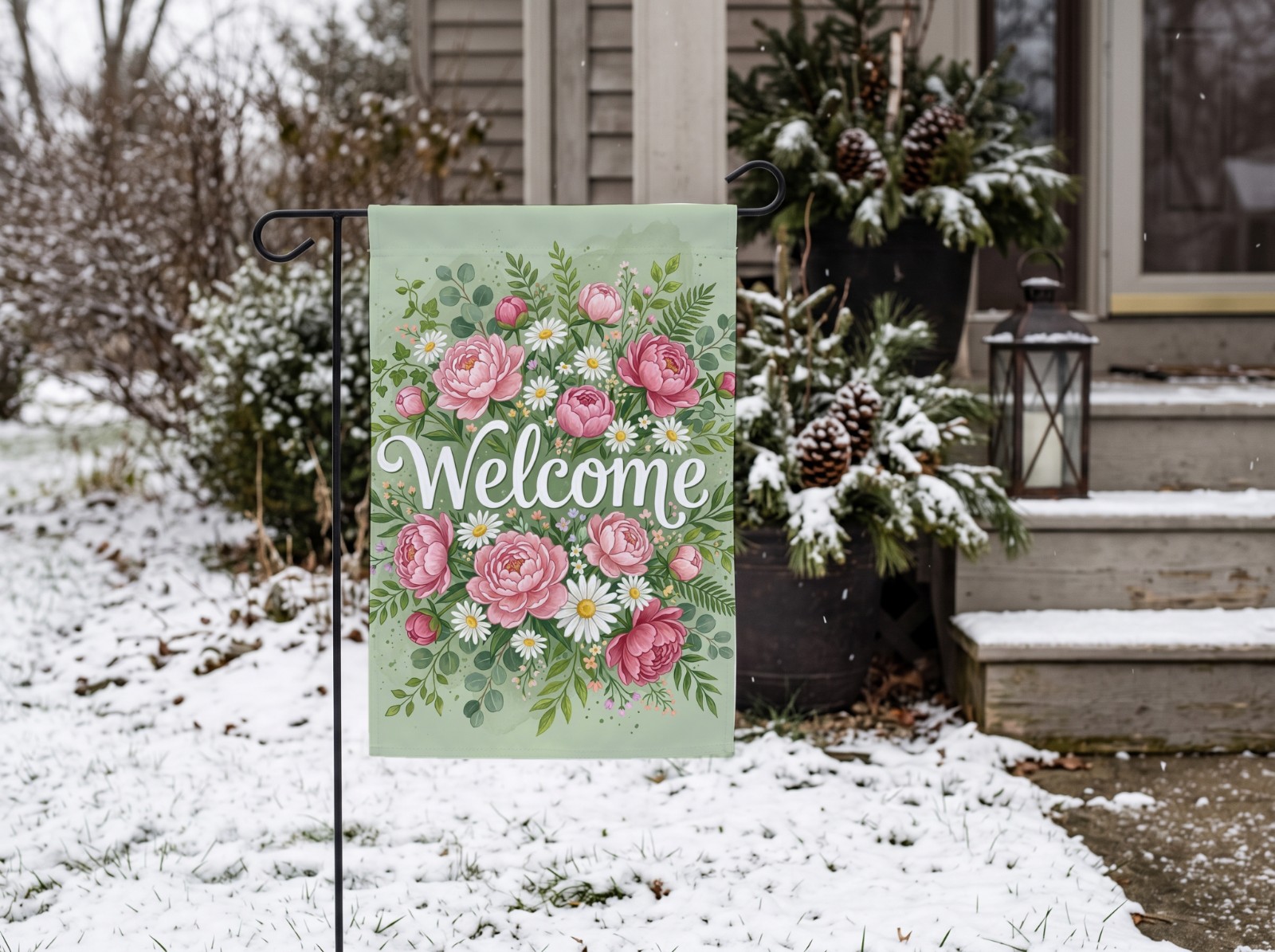 White Garden Flag in the Snow by a Winter Porch showing a floral Welcome flag design