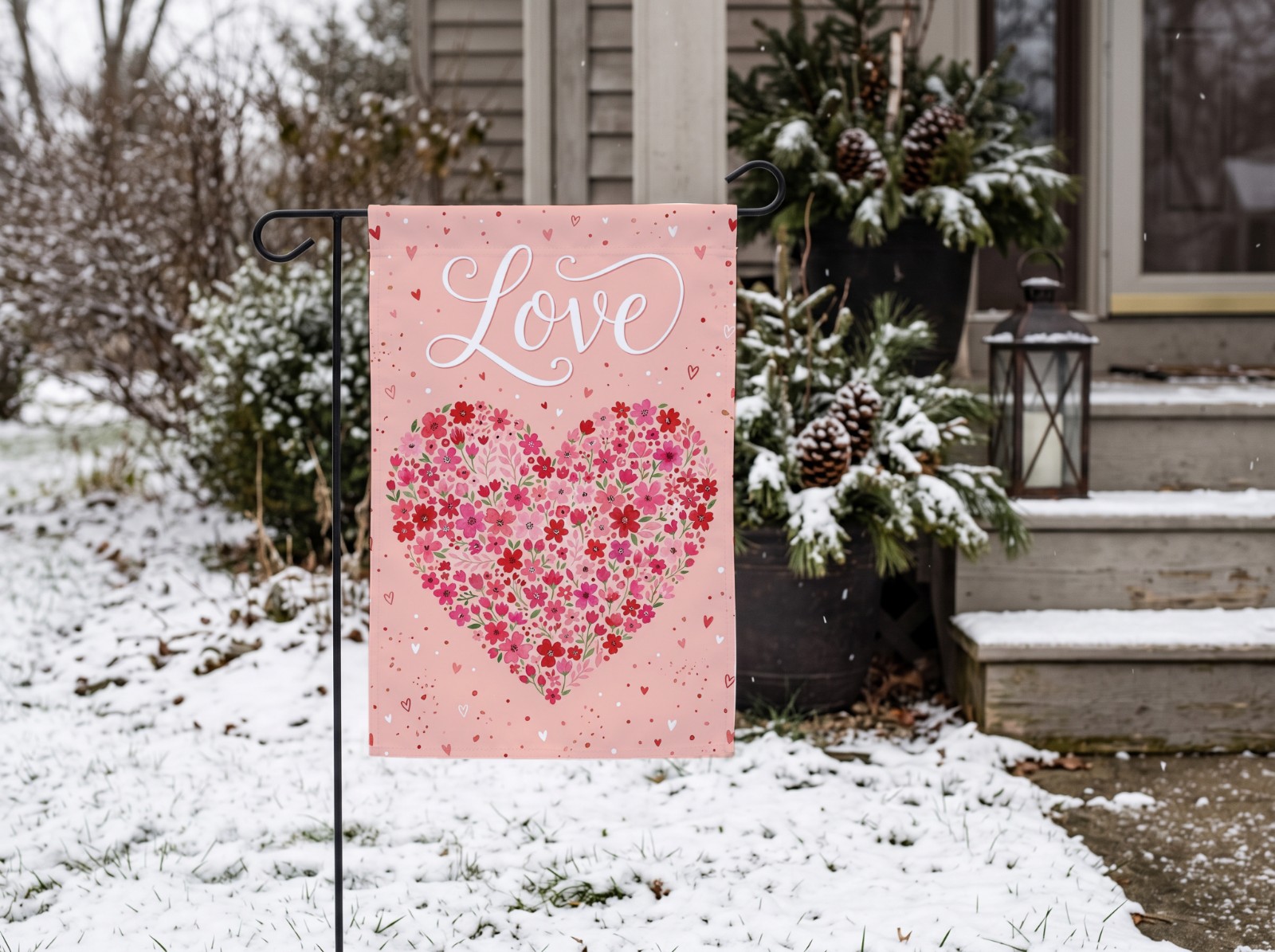 White Garden Flag in the Snow by a Winter Porch showing a Valentine Love heart design