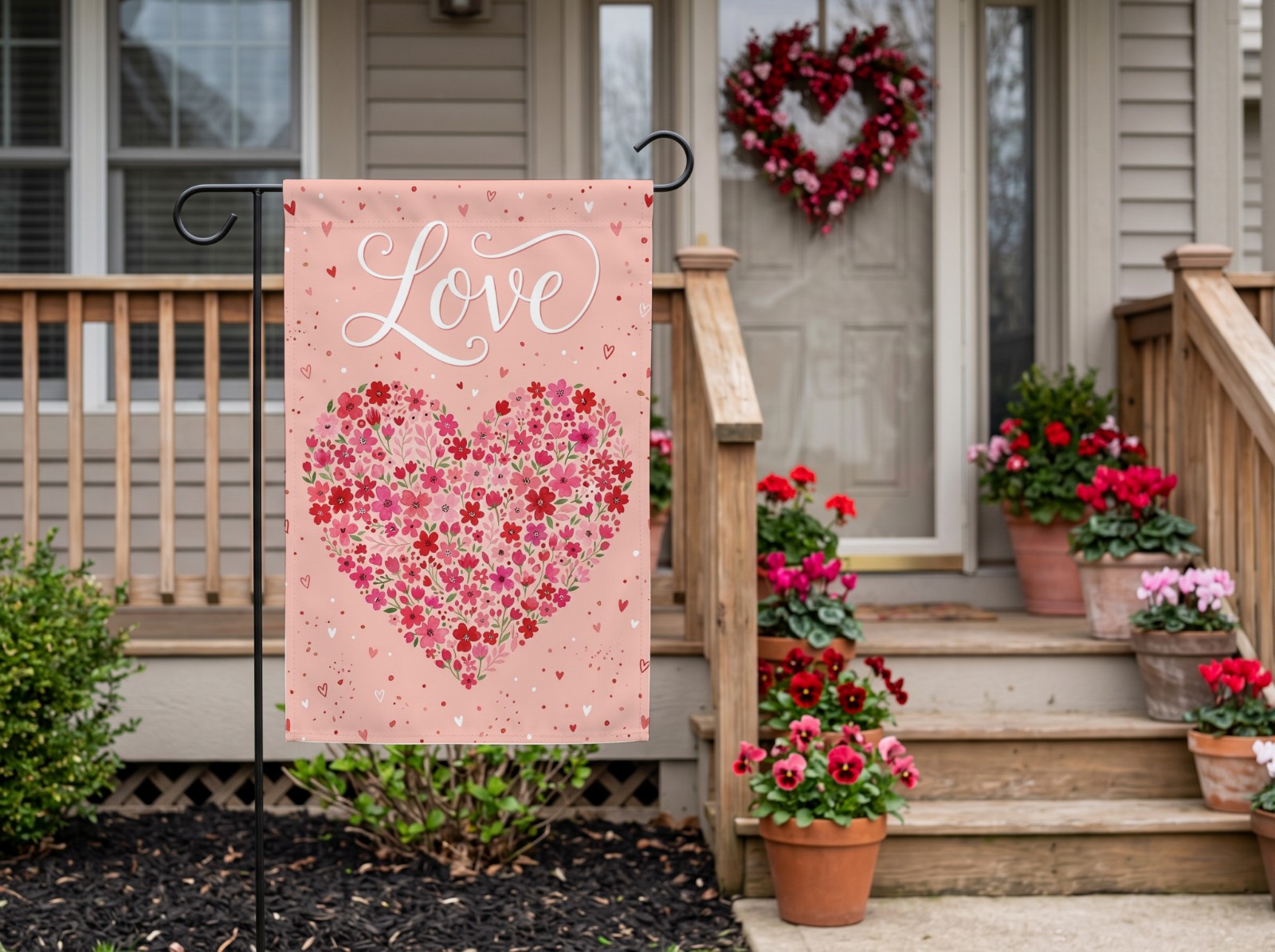 White Garden Flag on a Valentine's Day Porch showing a Valentine Love heart design
