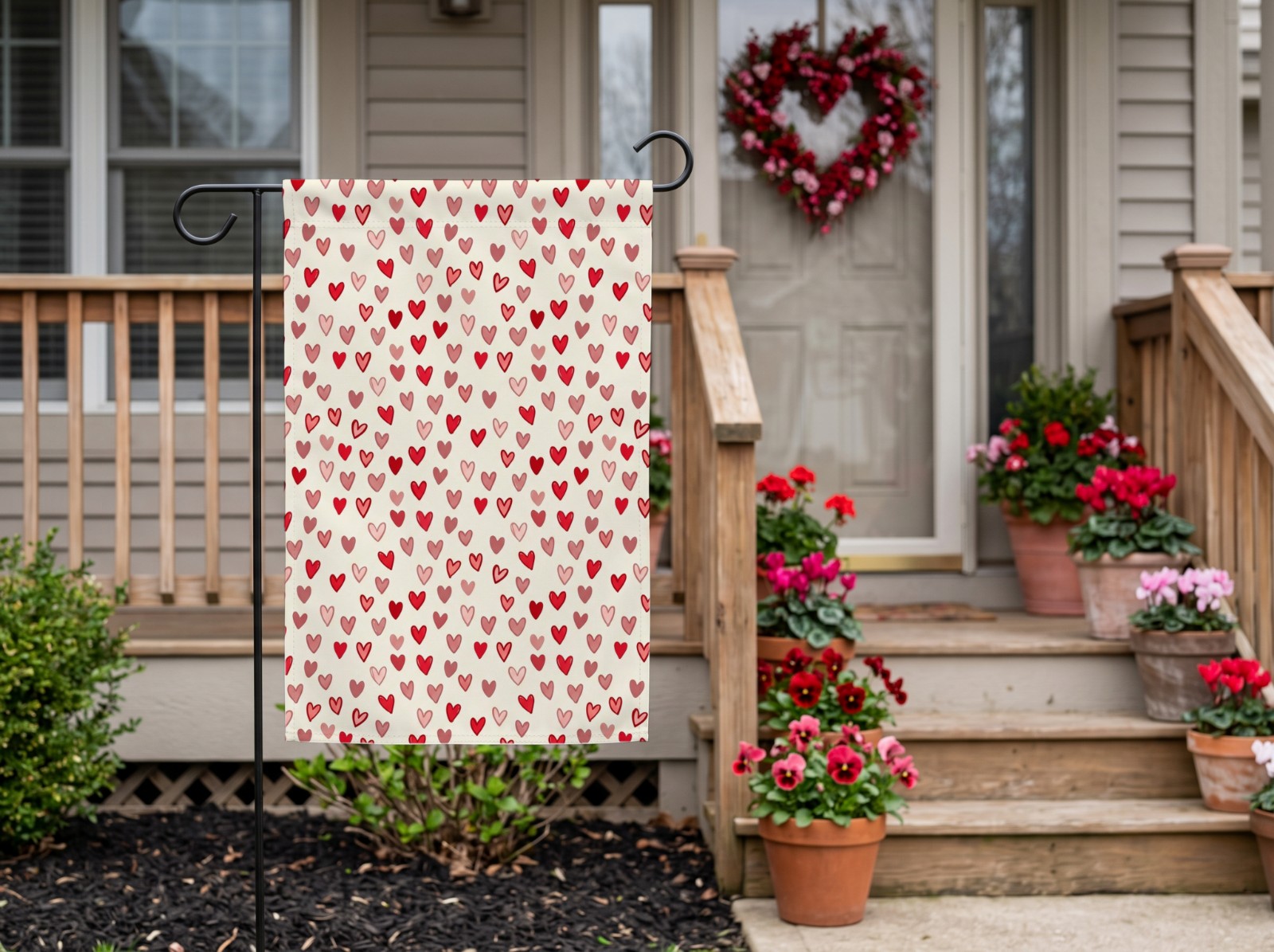 White Garden Flag on a Valentine's Day Porch showing a Valentine hearts pattern
