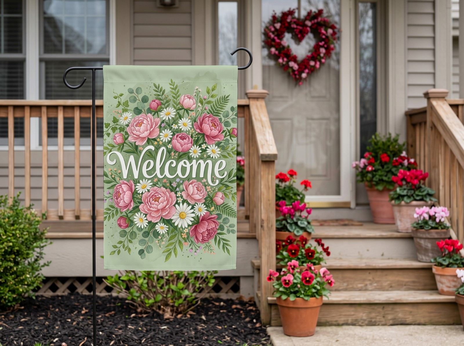 White Garden Flag on a Valentine's Day Porch showing a floral Welcome flag design