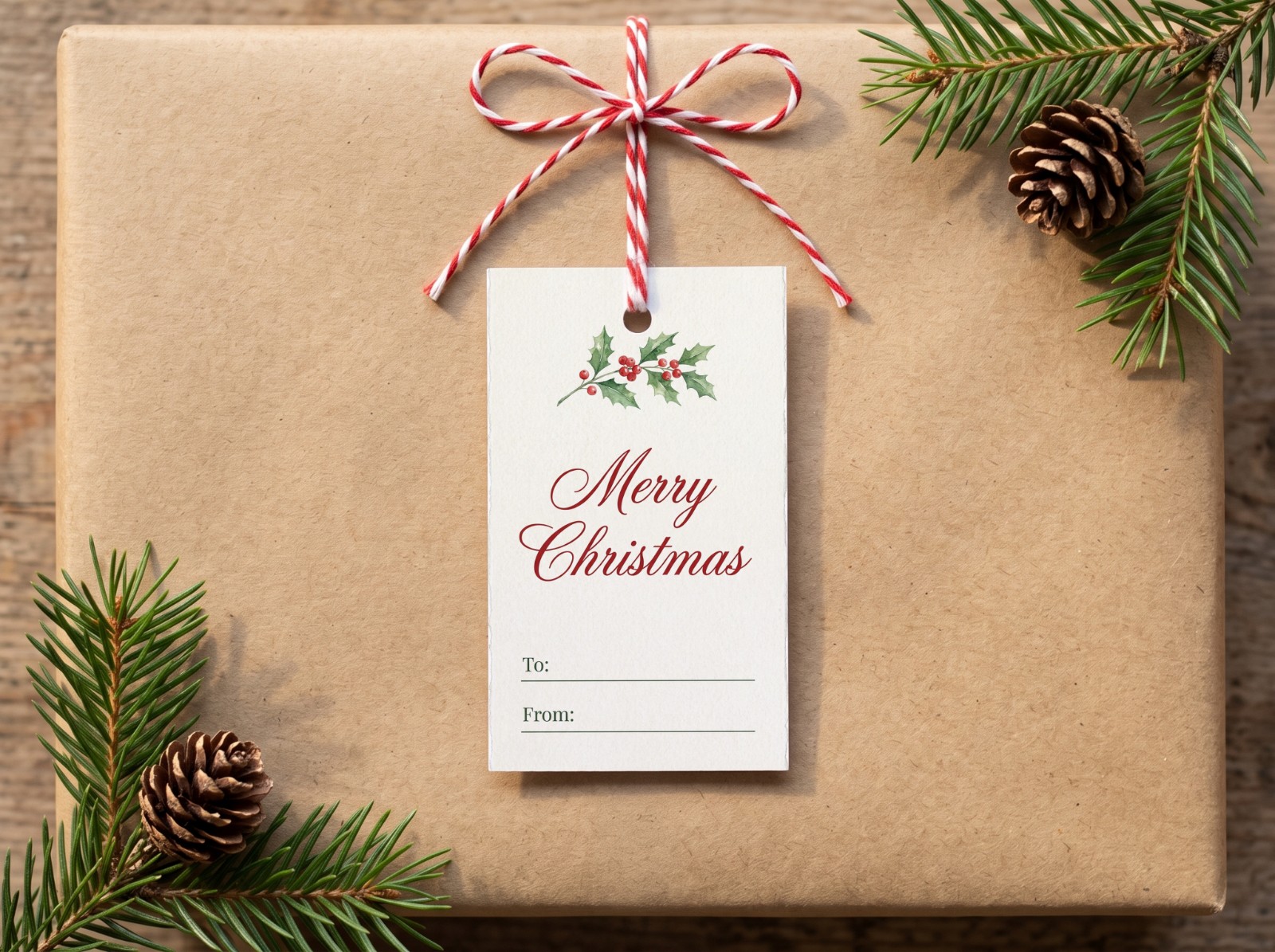 Christmas Gift Tag Mockup on a Kraft Present with Twine example