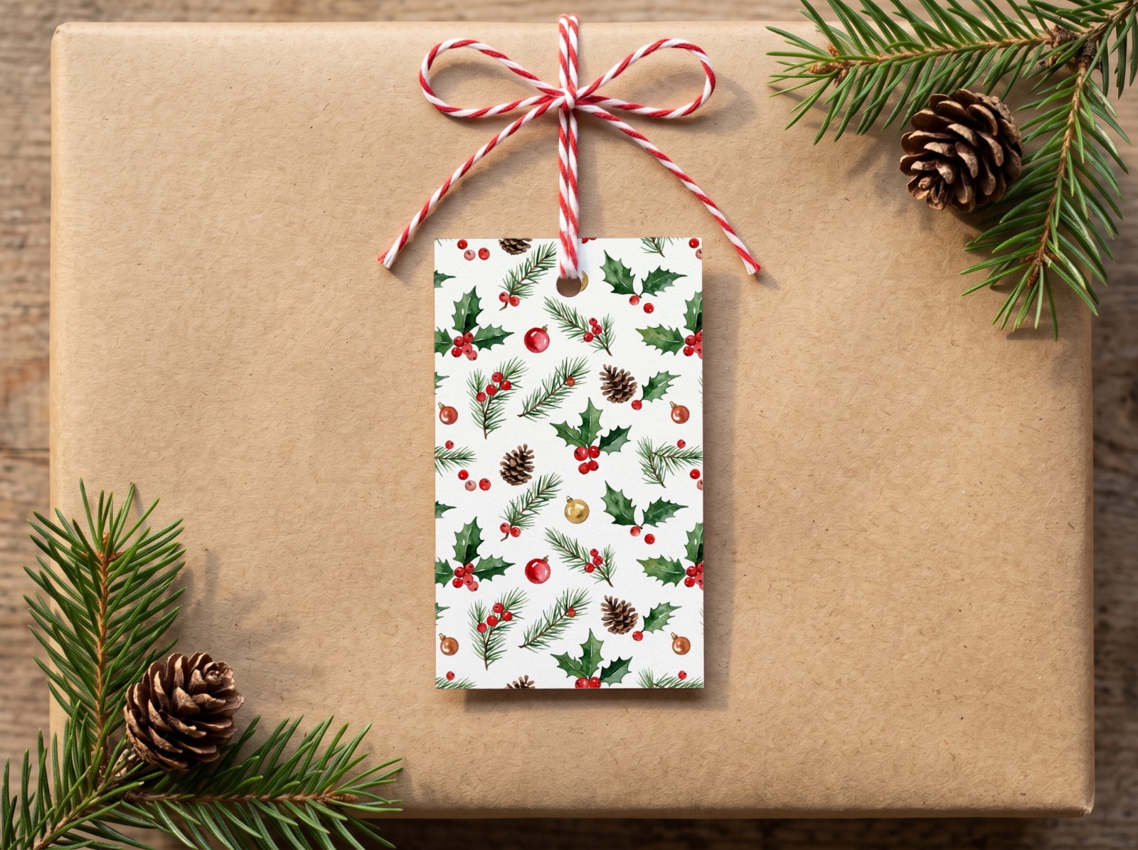Christmas Gift Tag on a Kraft Present with Twine showing a watercolour holly and pine pattern