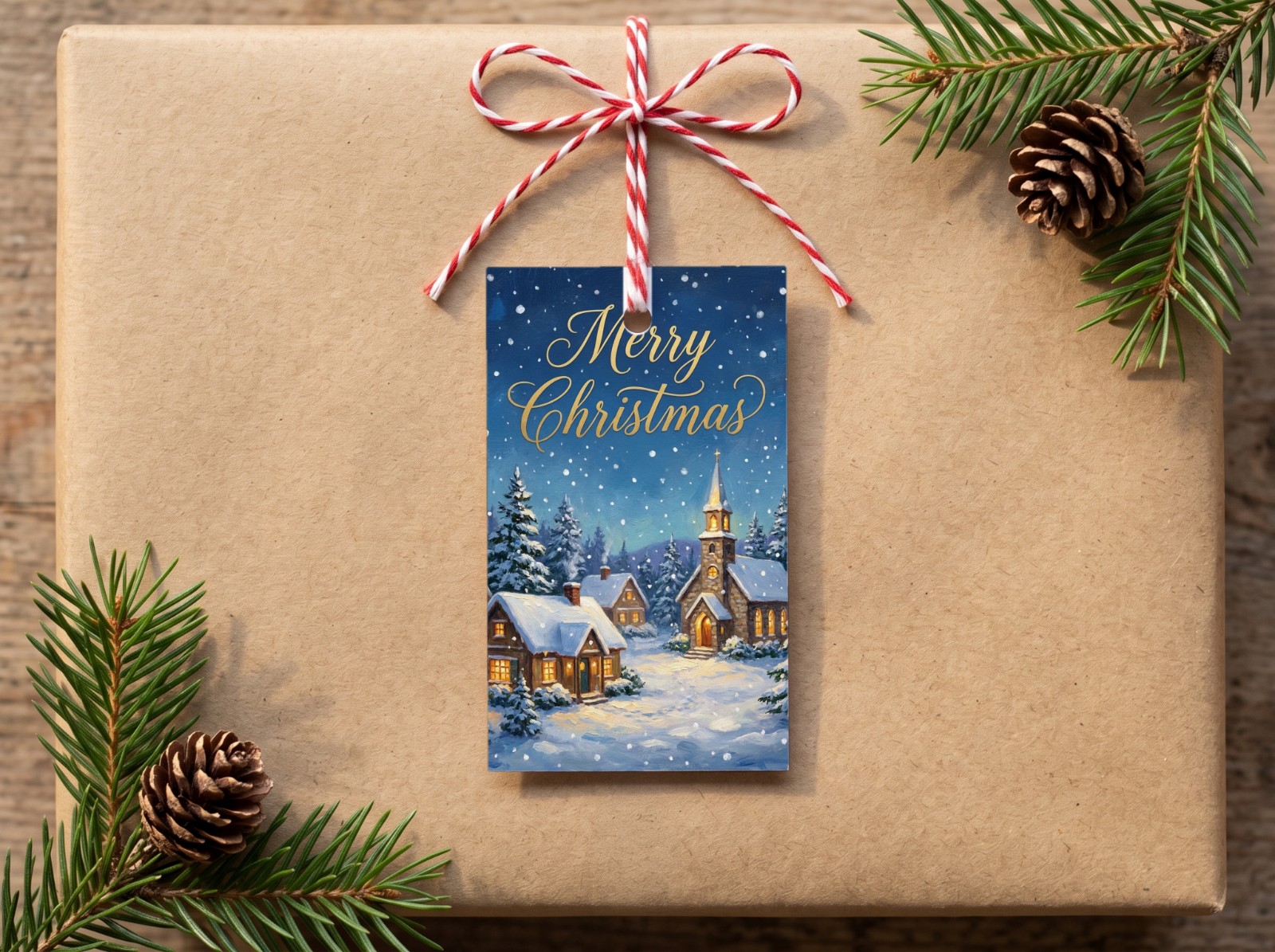 Christmas Gift Tag on a Kraft Present with Twine showing a snowy village Merry Christmas card design