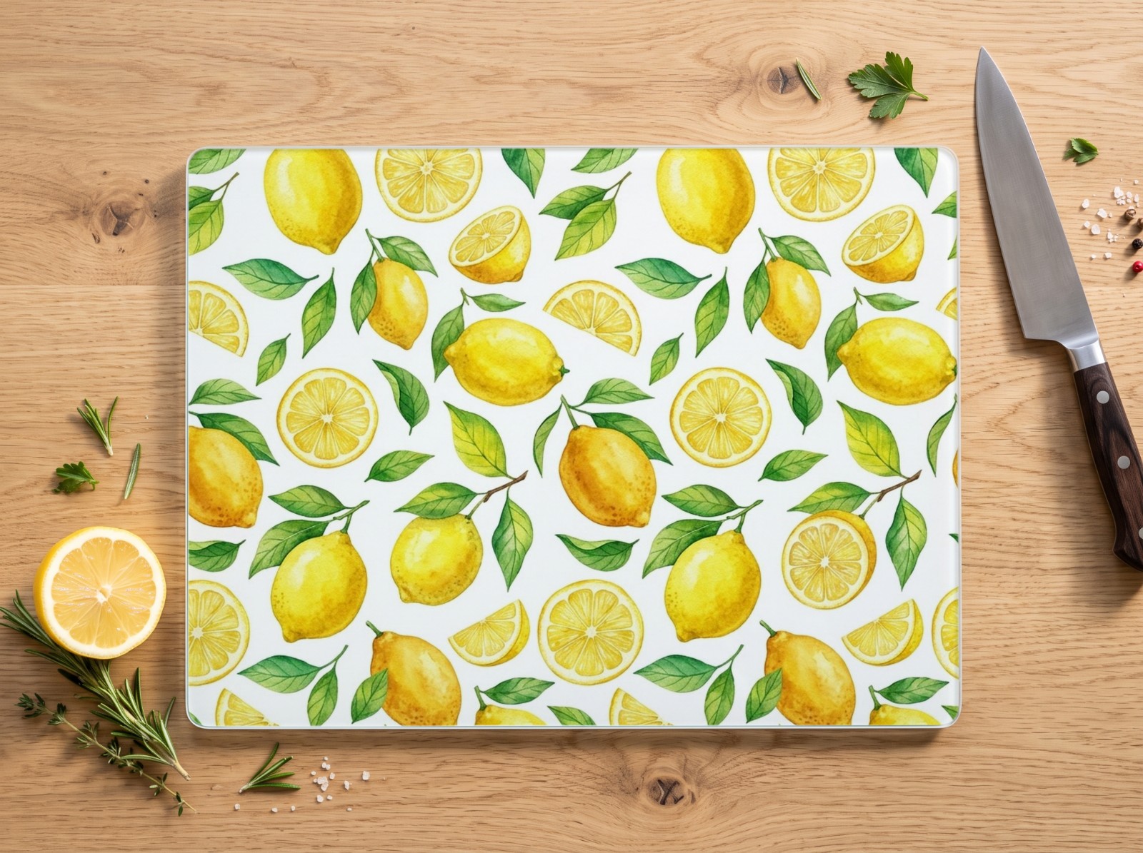 White Glass Cutting Board Mockup Flat Lay on an Oak Table example