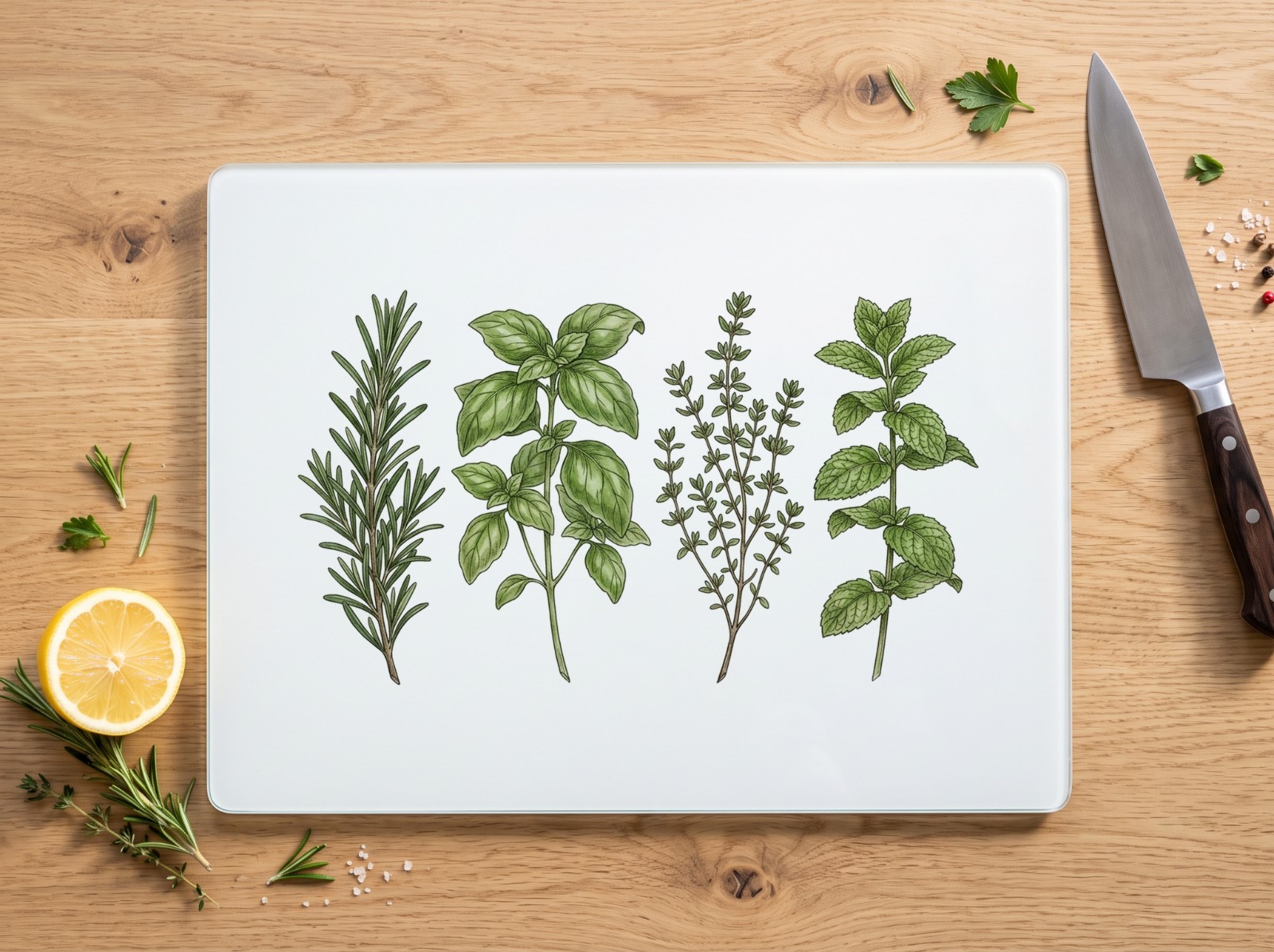 White Glass Cutting Board Flat Lay on an Oak Table showing a kitchen herbs illustration