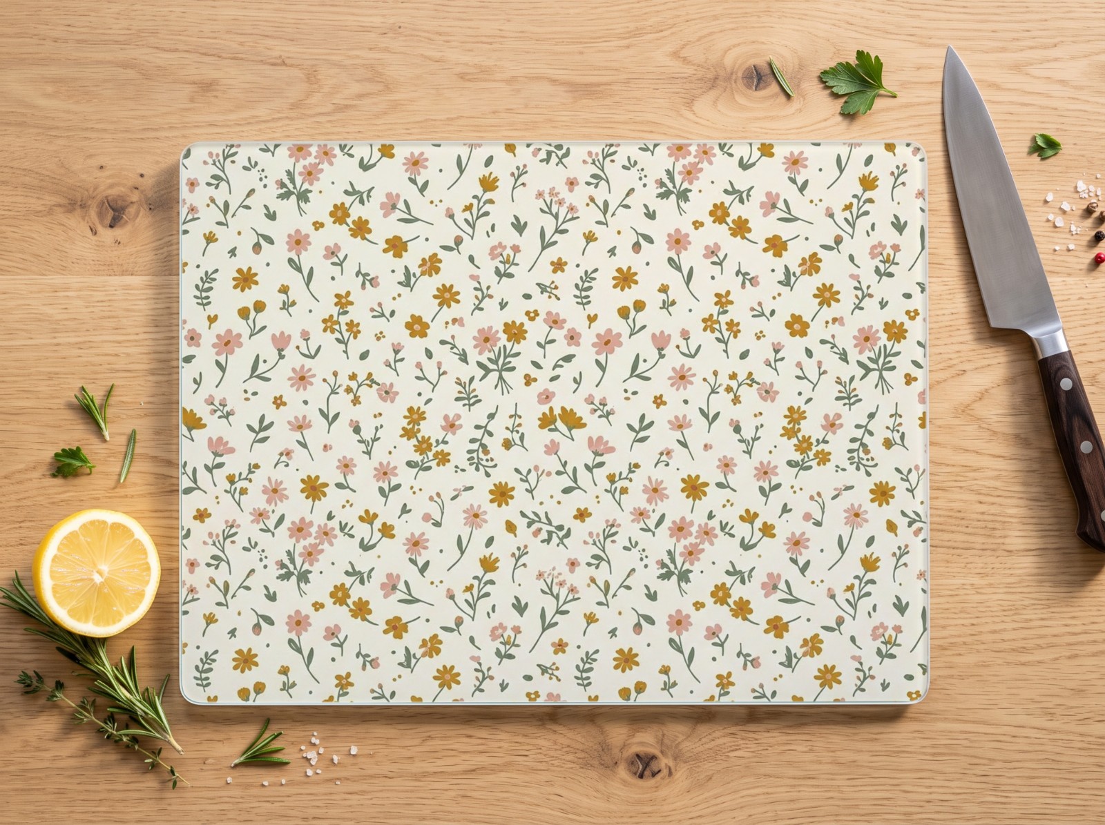 White Glass Cutting Board Flat Lay on an Oak Table showing a ditsy wildflower pattern