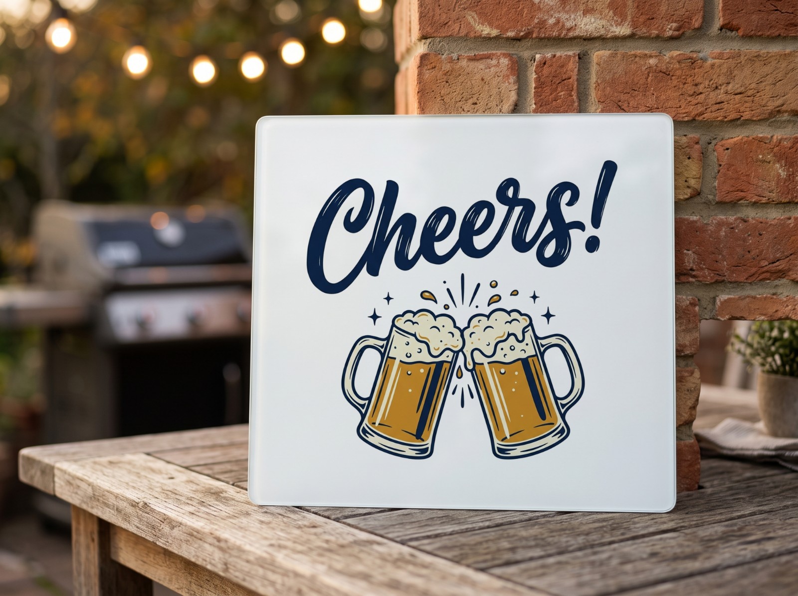 White Glass Cutting Board Mockup on a Patio Table example