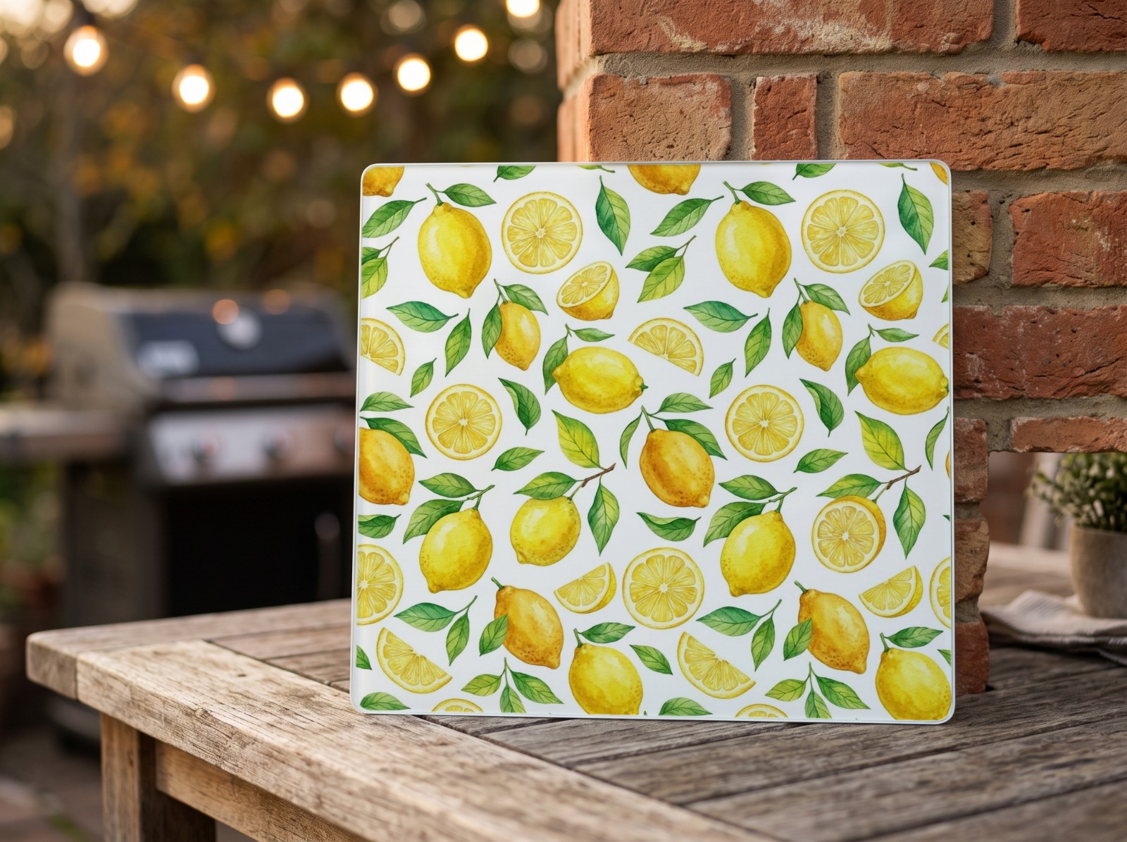 White Glass Cutting Board on a Patio Table showing a watercolour lemon pattern