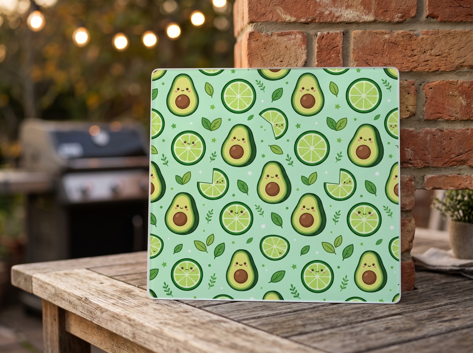 White Glass Cutting Board on a Patio Table showing a cute avocado pattern