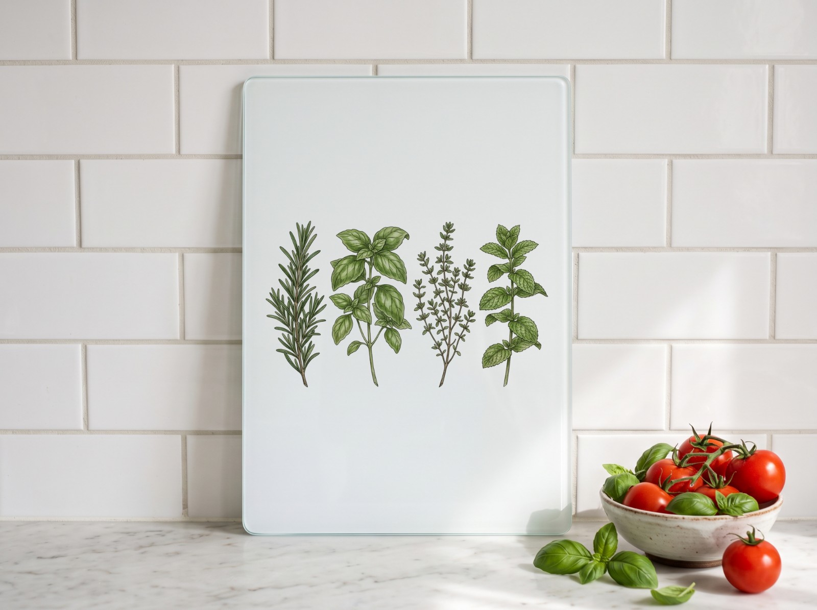 White Glass Cutting Board Against a Tile Backsplash showing a kitchen herbs illustration