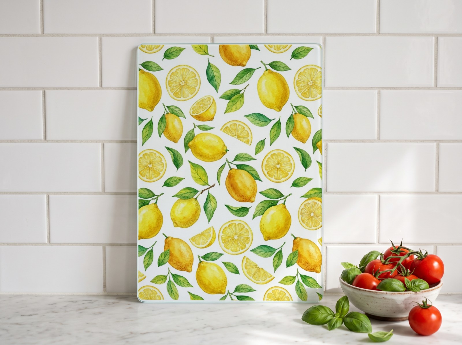White Glass Cutting Board Against a Tile Backsplash showing a watercolour lemon pattern