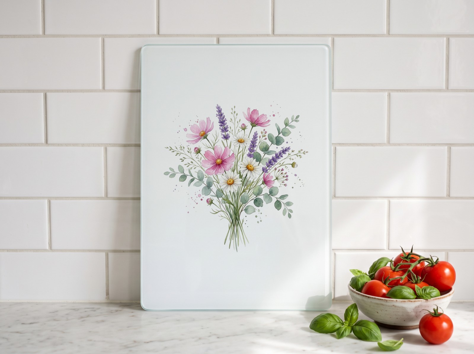 White Glass Cutting Board Against a Tile Backsplash showing a watercolour wildflower bouquet