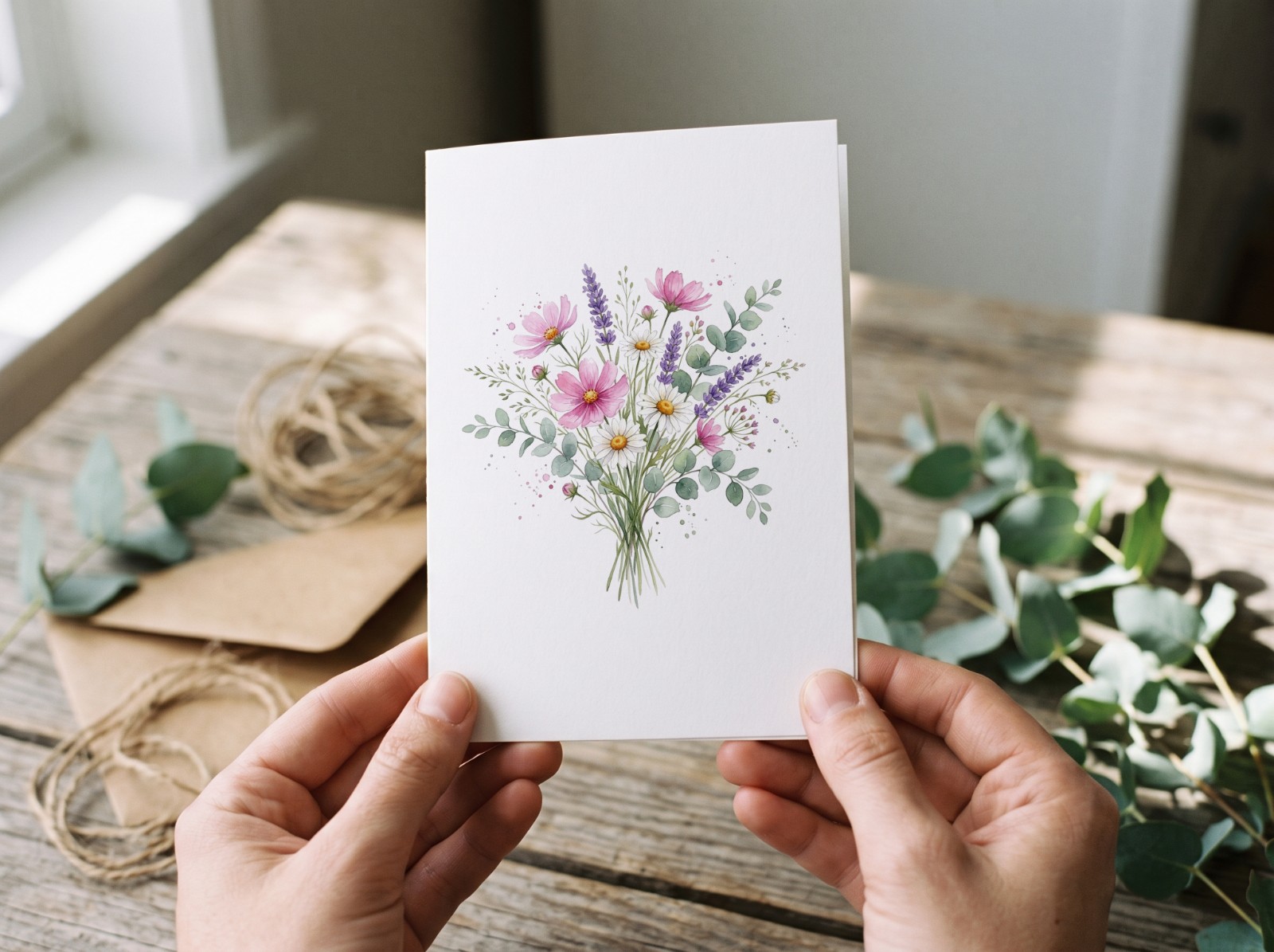 White Greeting Card Held in Two Hands above a Rustic Table showing a watercolour wildflower bouquet