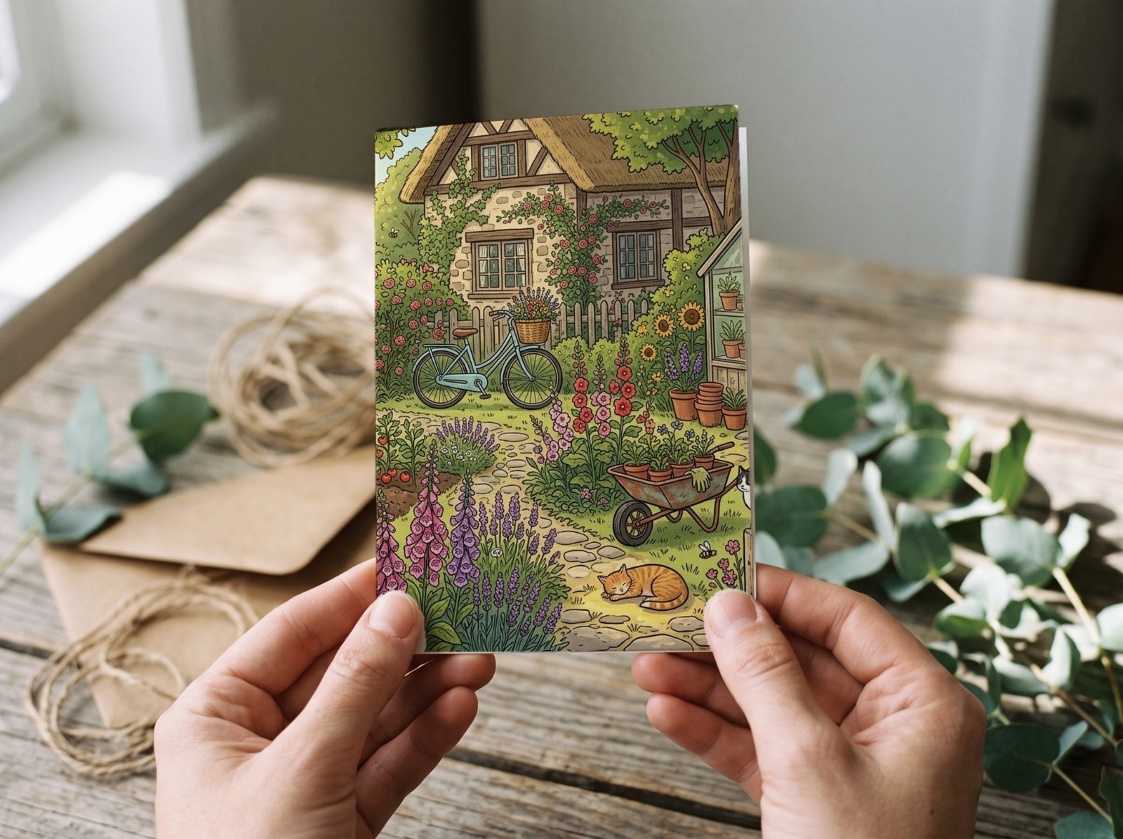 White Greeting Card Held in Two Hands above a Rustic Table showing a cottage garden illustration