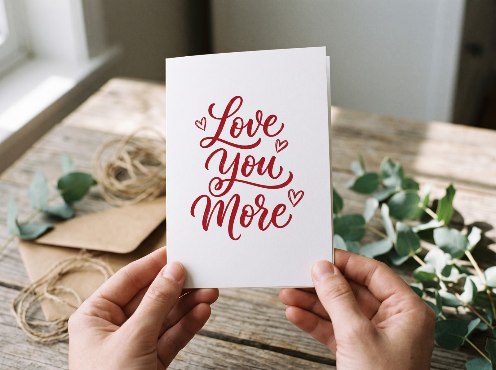 White Greeting Card Held in Two Hands above a Rustic Table showing a Love You More lettering
