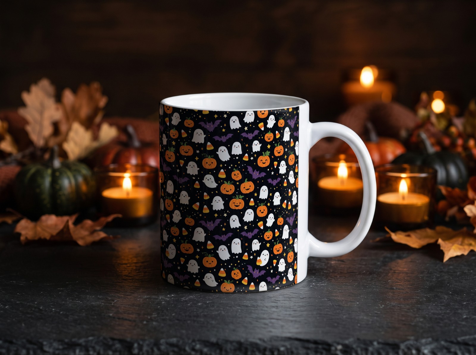White Halloween Mug Mockup with Candles on Dark Slate example