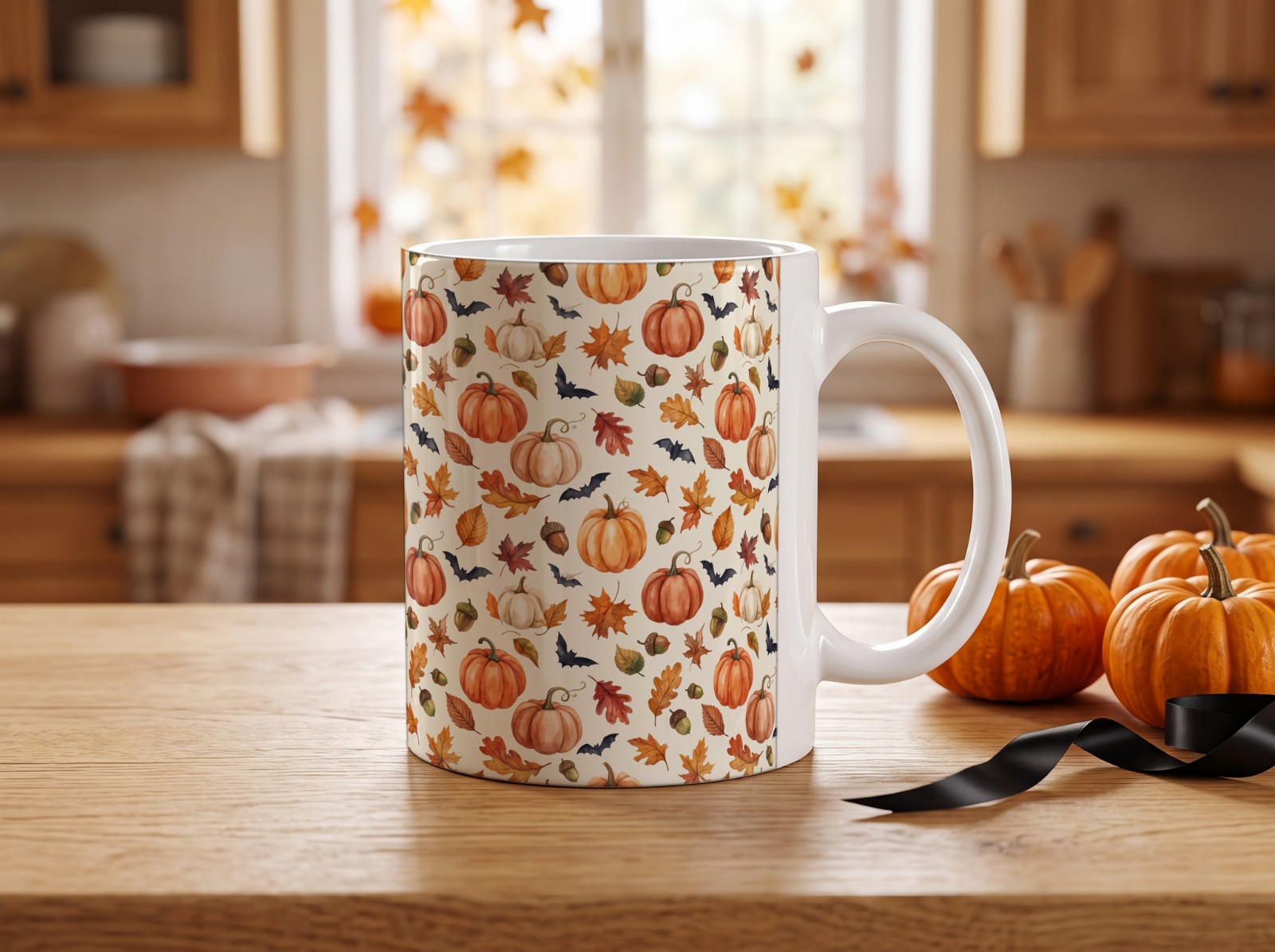 White Halloween Mug Mockup with Mini Pumpkins in an Autumn Kitchen example