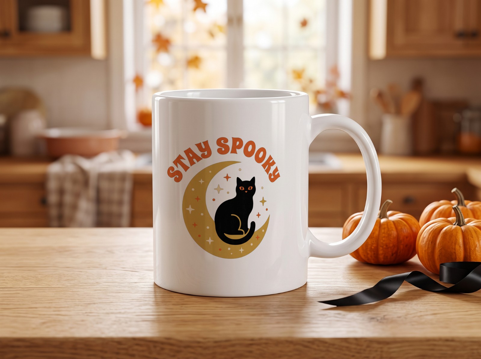 White Halloween Mug with Mini Pumpkins in an Autumn Kitchen showing a Stay Spooky black cat and moon design