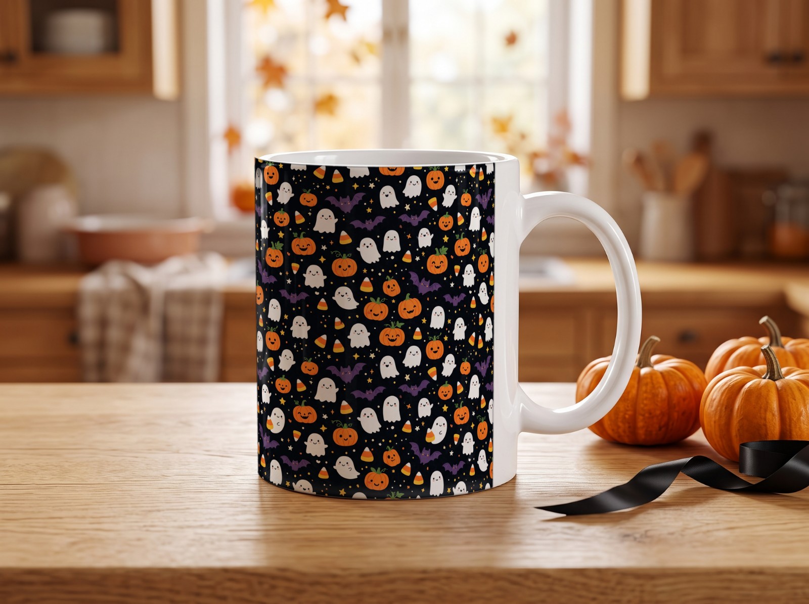 White Halloween Mug with Mini Pumpkins in an Autumn Kitchen showing a cute ghost and pumpkin pattern