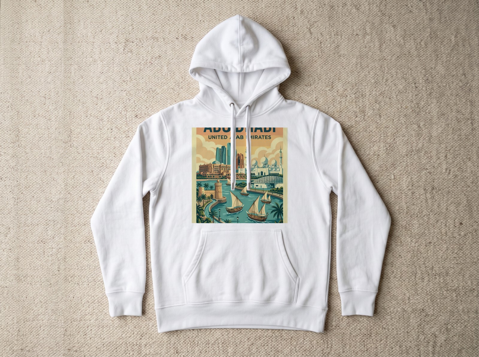 White Hoodie Flat Lay on a Beige Rug showing an Abu Dhabi travel print