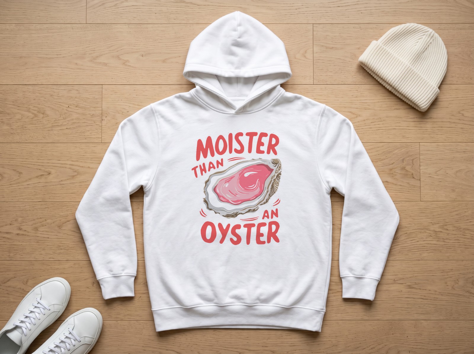 White Hoodie Flat Lay Mockup on an Oak Floor example