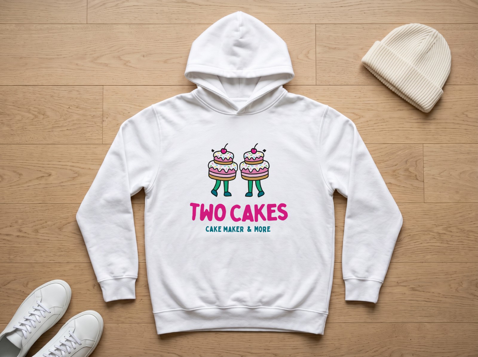 White Hoodie Flat Lay on an Oak Floor showing the Two Cakes logo