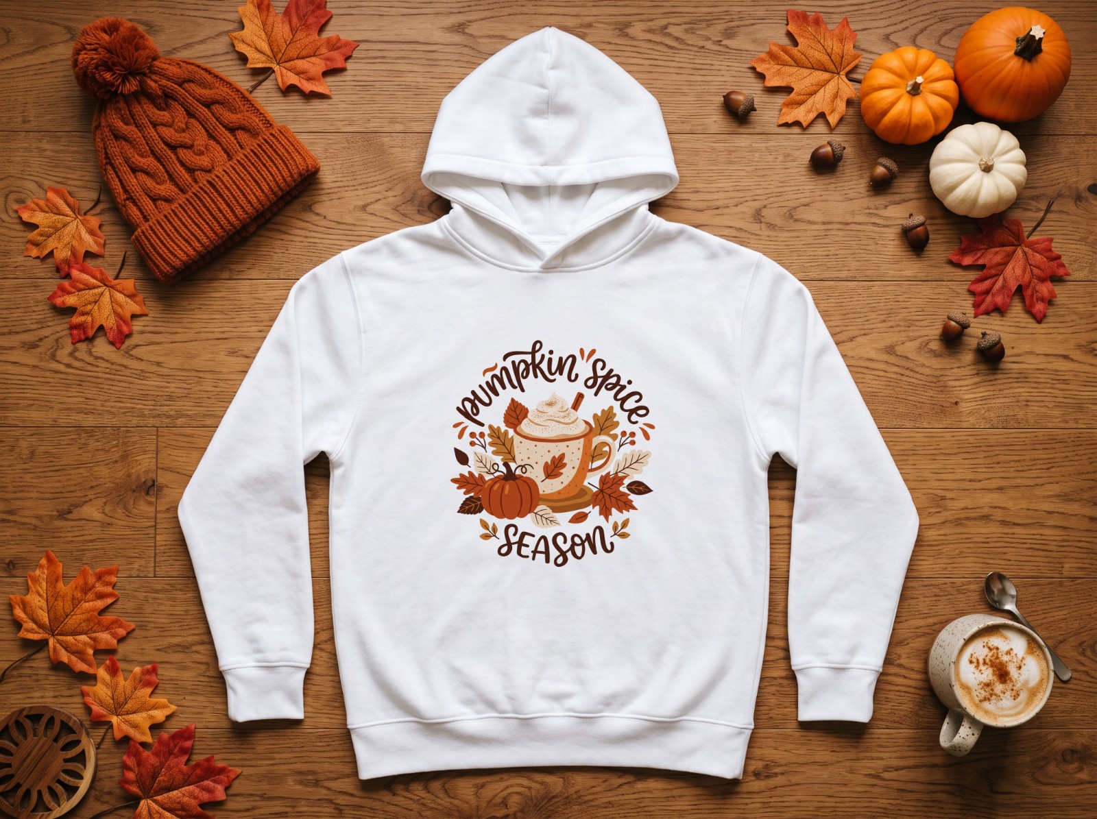 White Hoodie Halloween Mockup Flat Lay with Pumpkins and Autumn Leaves example