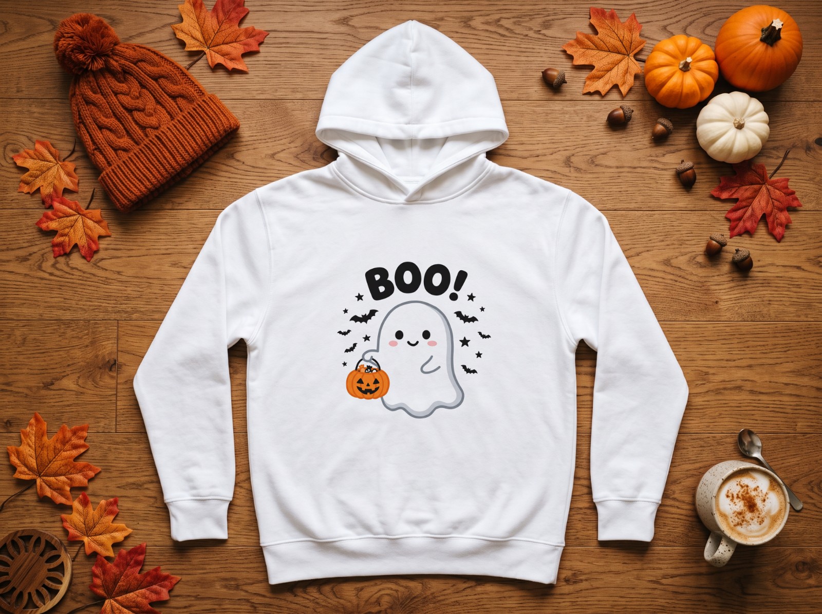 White Hoodie Halloween Flat Lay with Pumpkins and Autumn Leaves showing a cute Boo ghost design