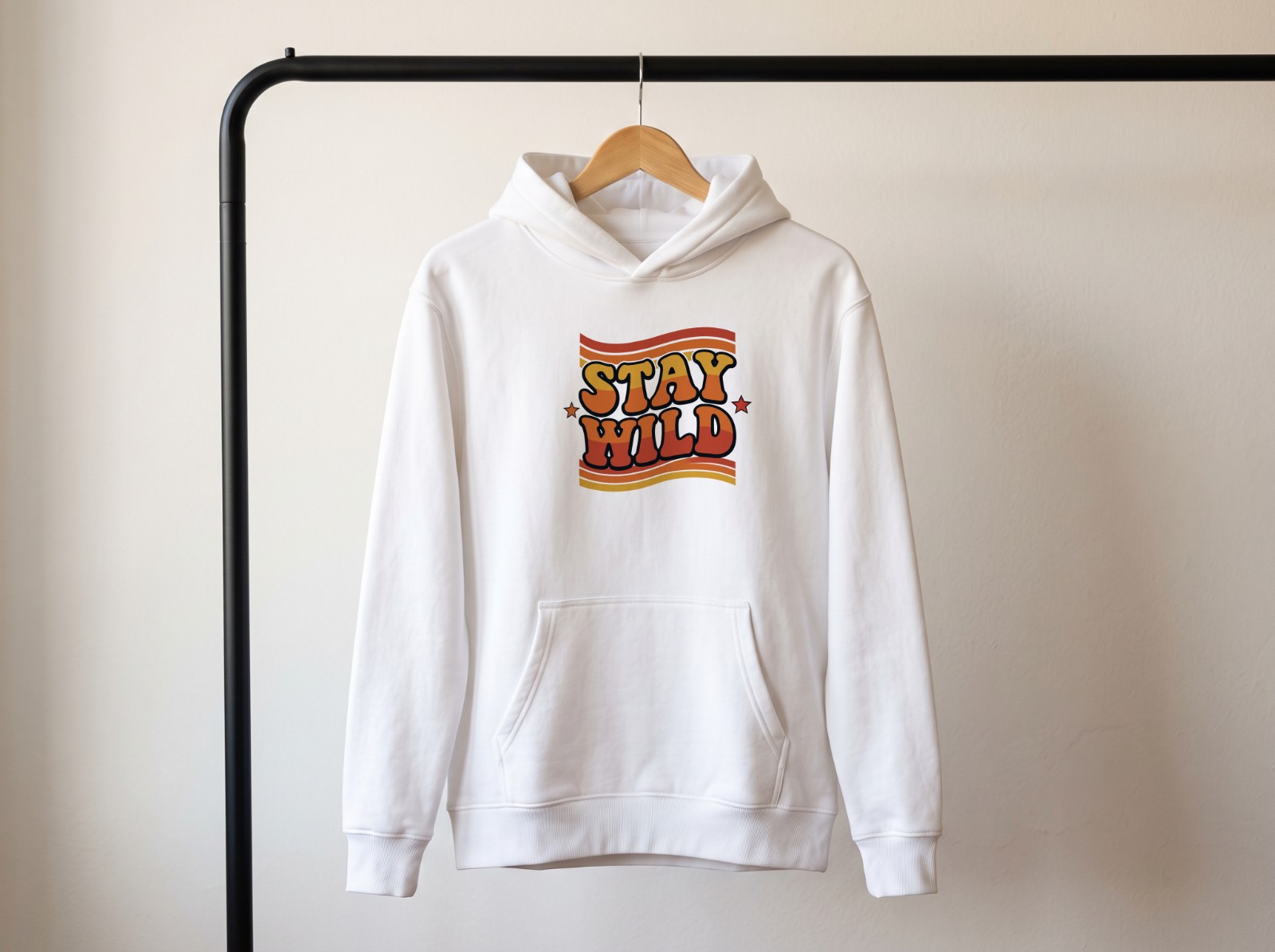 White Hoodie on a Hanger Mockup on a Clothing Rail example