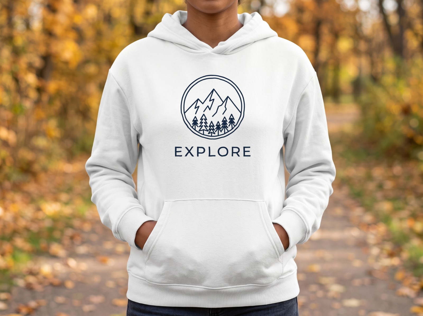 White Hoodie Mockup on a Woman in an Autumn Park example