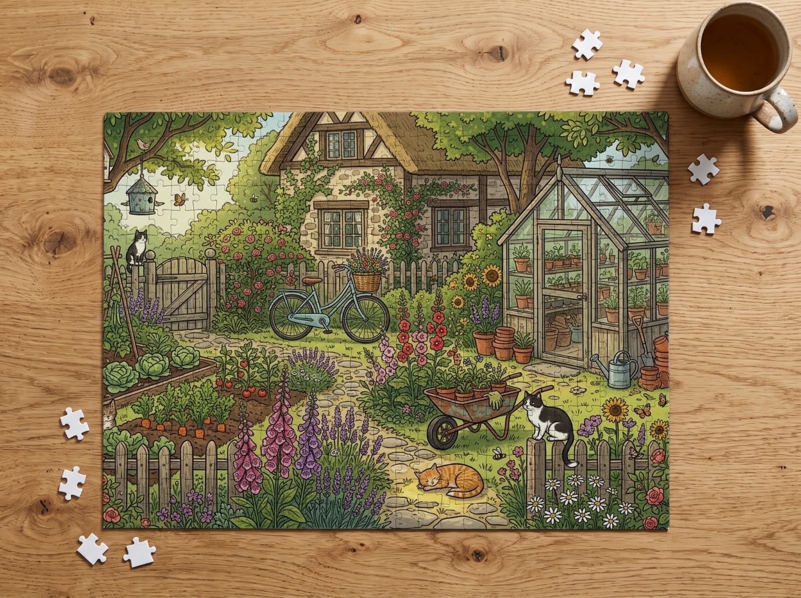 Jigsaw Puzzle on an Oak Table with Tea showing a cottage garden illustration