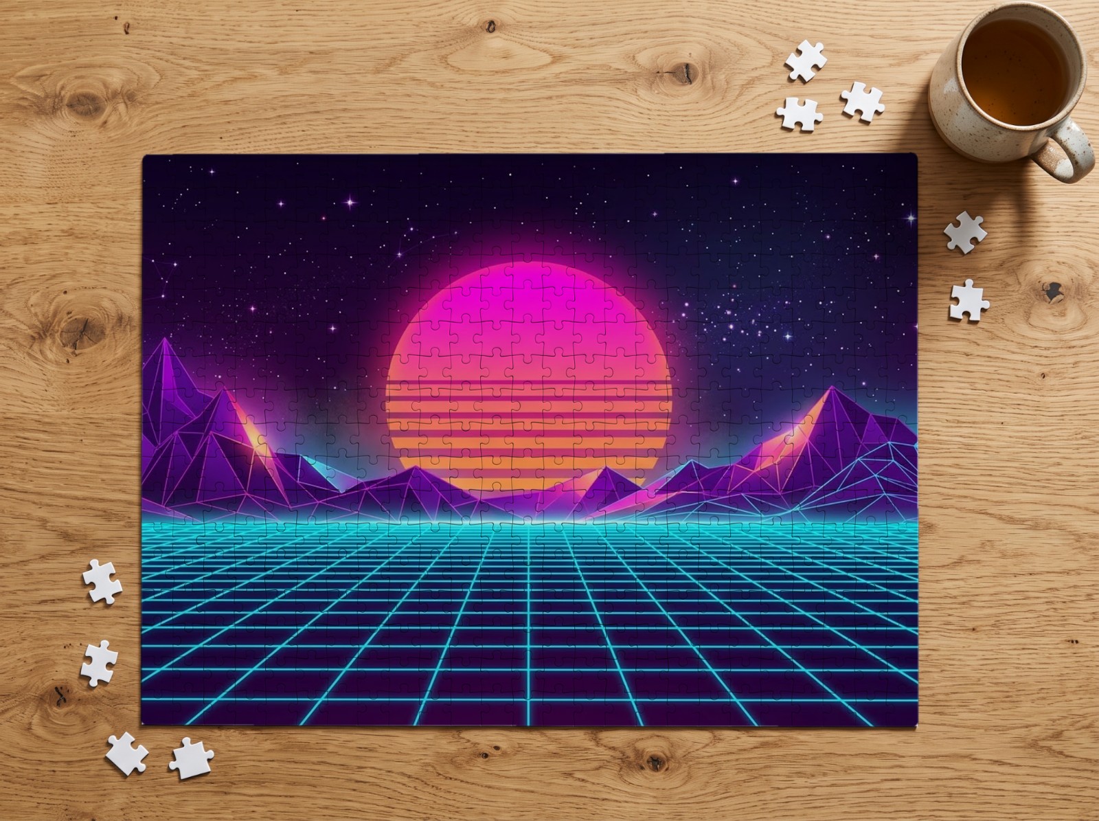 Jigsaw Puzzle on an Oak Table with Tea showing a neon synthwave landscape