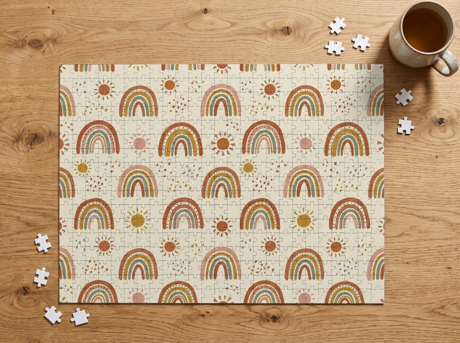 Jigsaw Puzzle on an Oak Table with Tea showing a boho rainbow pattern