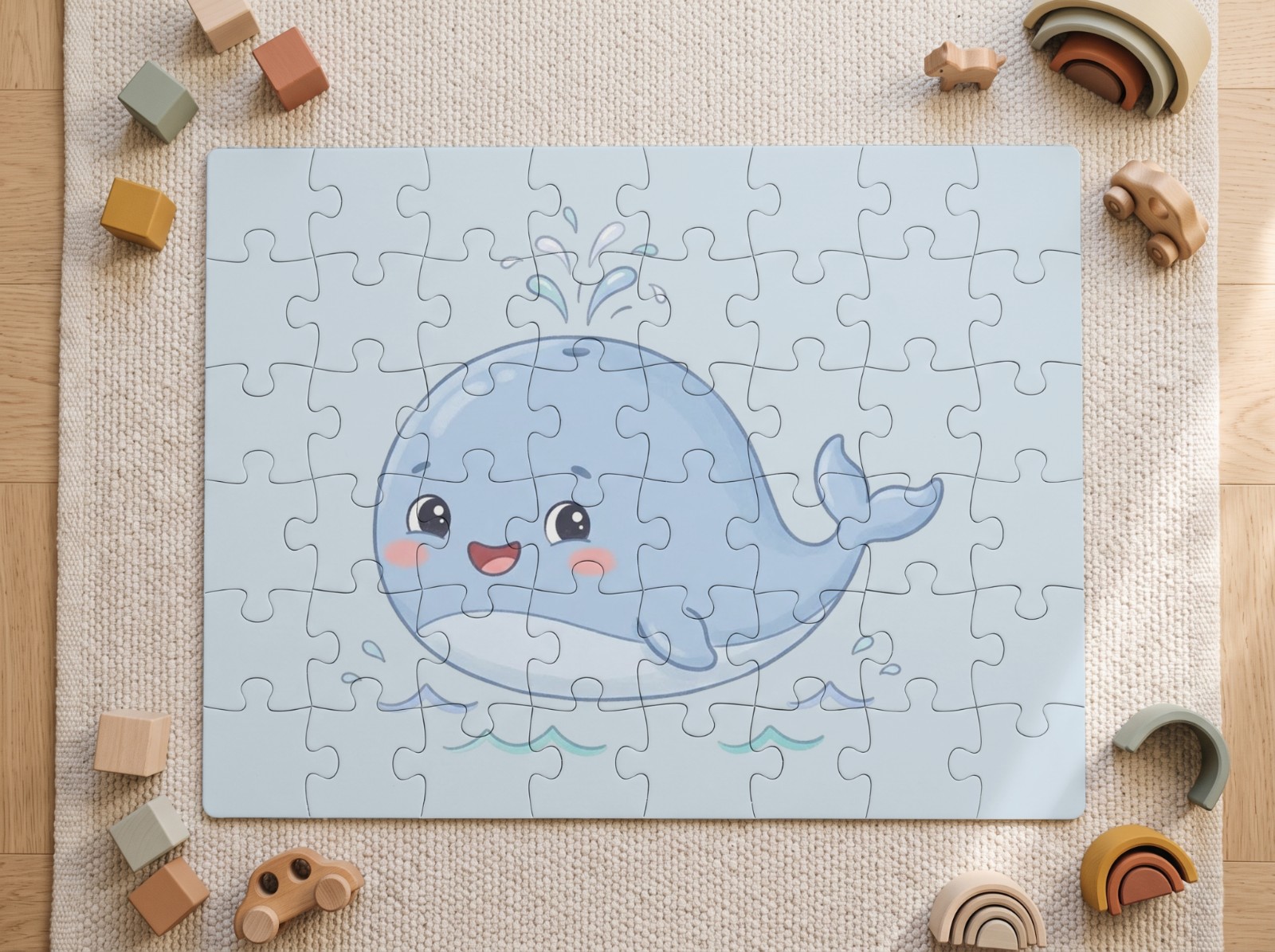 Kids Jigsaw Puzzle on a Nursery Rug showing a cute baby whale