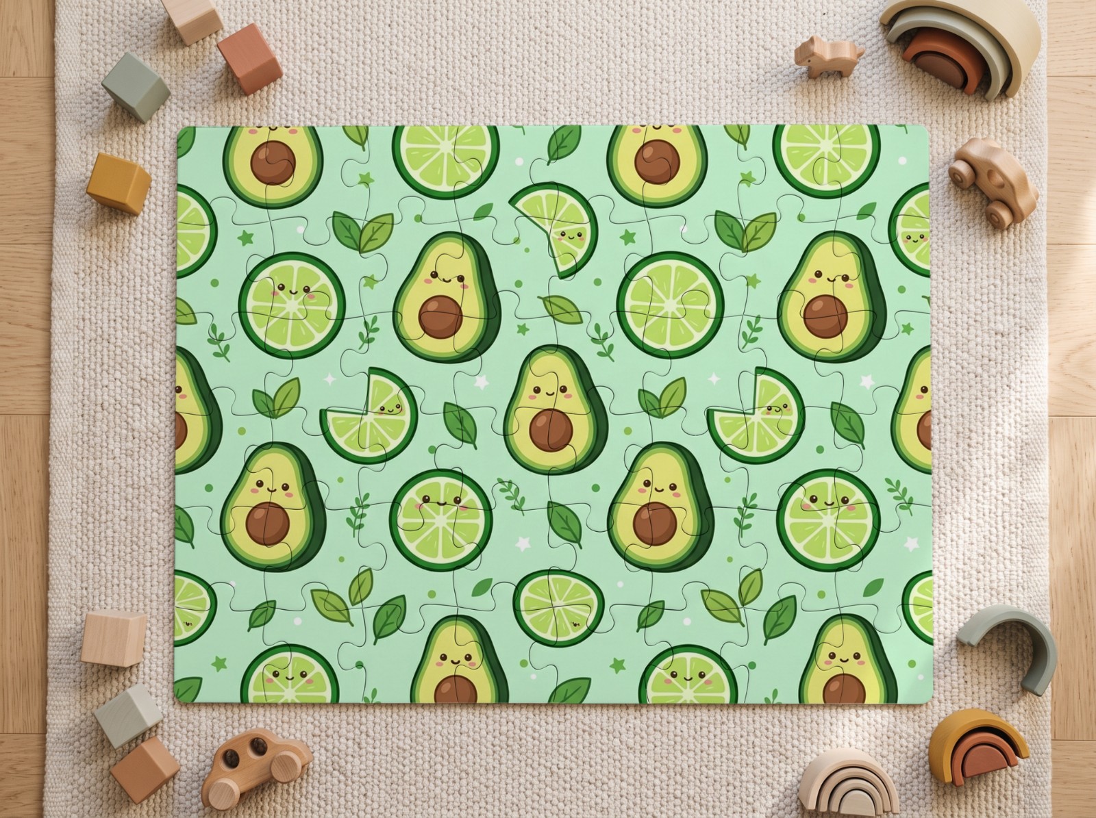 Kids Jigsaw Puzzle on a Nursery Rug showing a cute avocado pattern