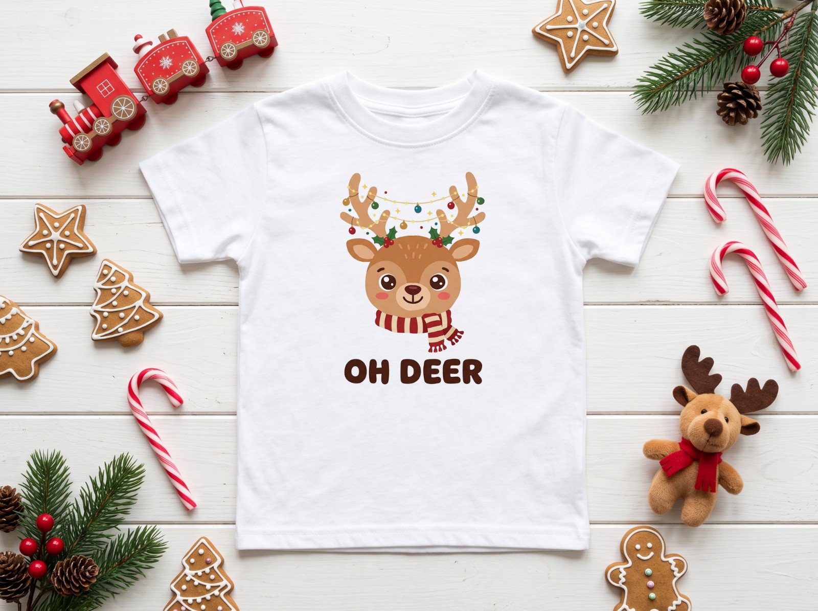 White Kids T-Shirt Christmas Flat Lay with a Toy Train and Gingerbread showing a cute Oh Deer reindeer design