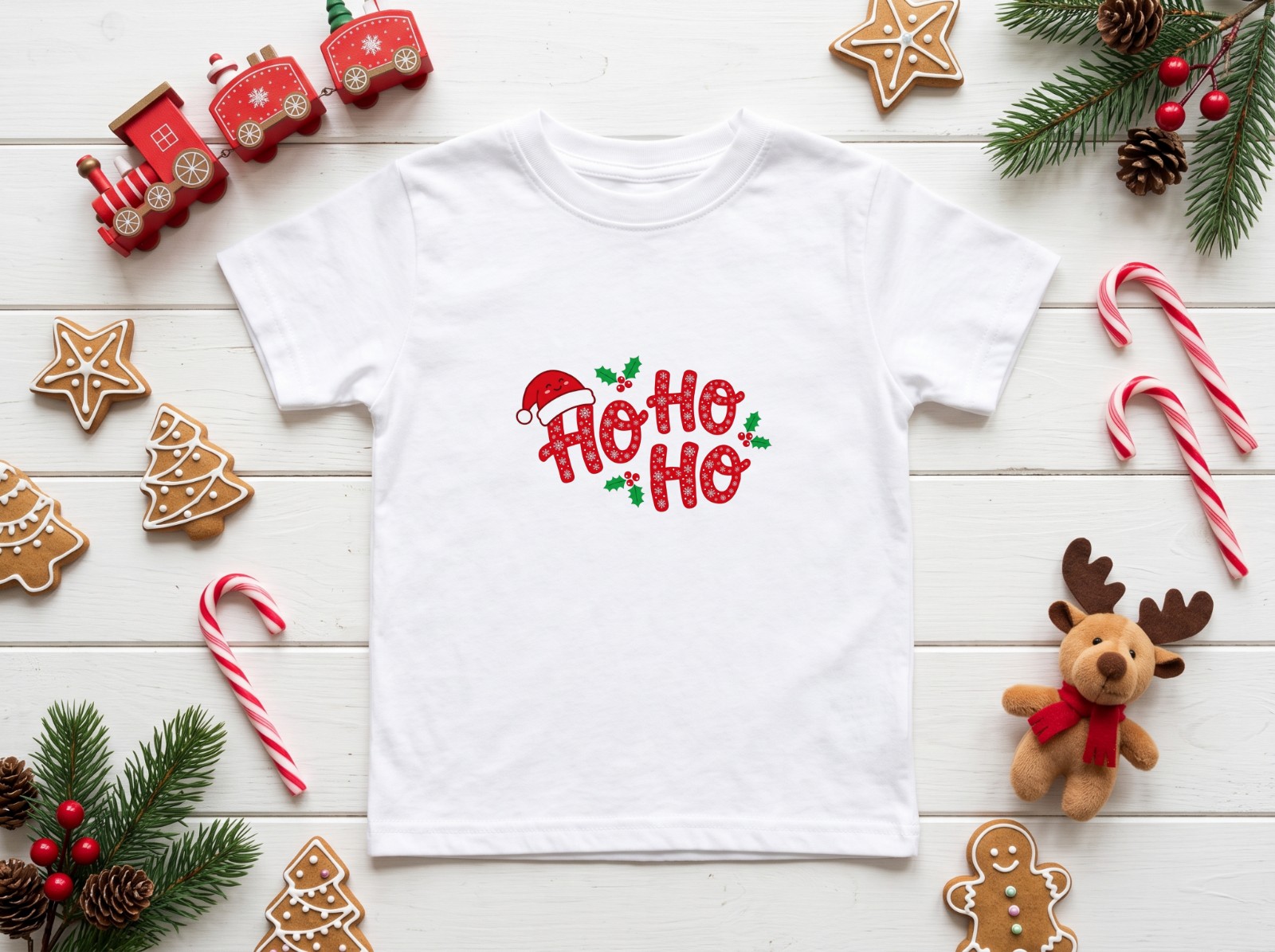 White Kids T-Shirt Christmas Flat Lay with a Toy Train and Gingerbread showing a playful Ho Ho Ho design