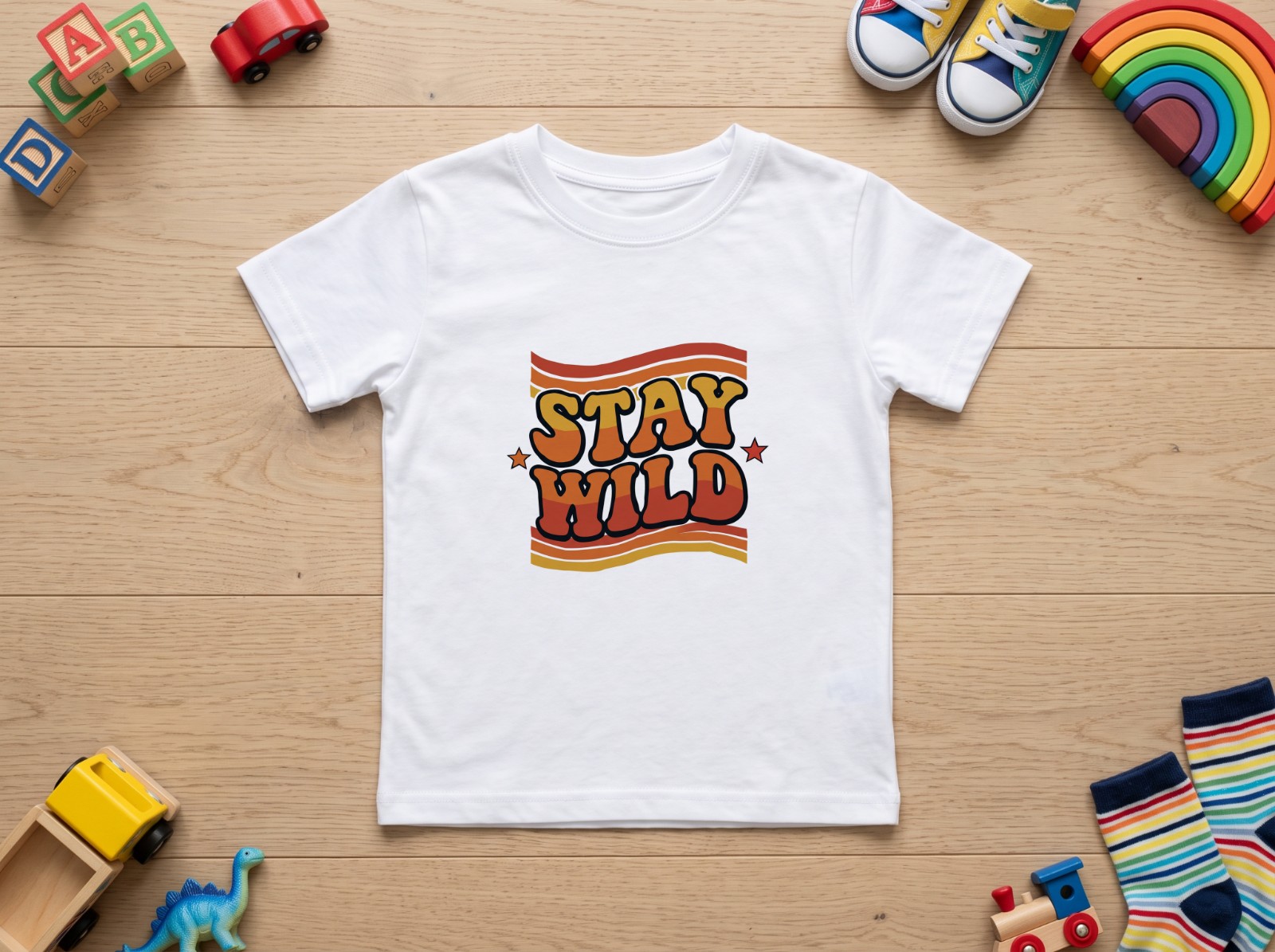 White Kids T-Shirt Flat Lay Mockup with Wooden Toys example