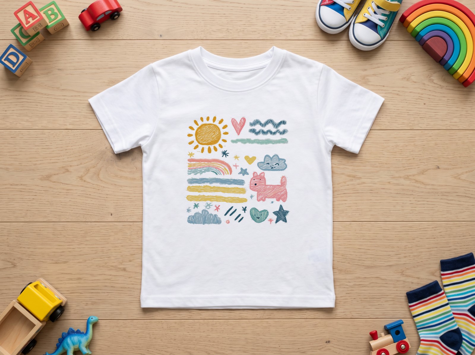 White Kids T-Shirt Flat Lay with Wooden Toys showing the crayon doodles artwork