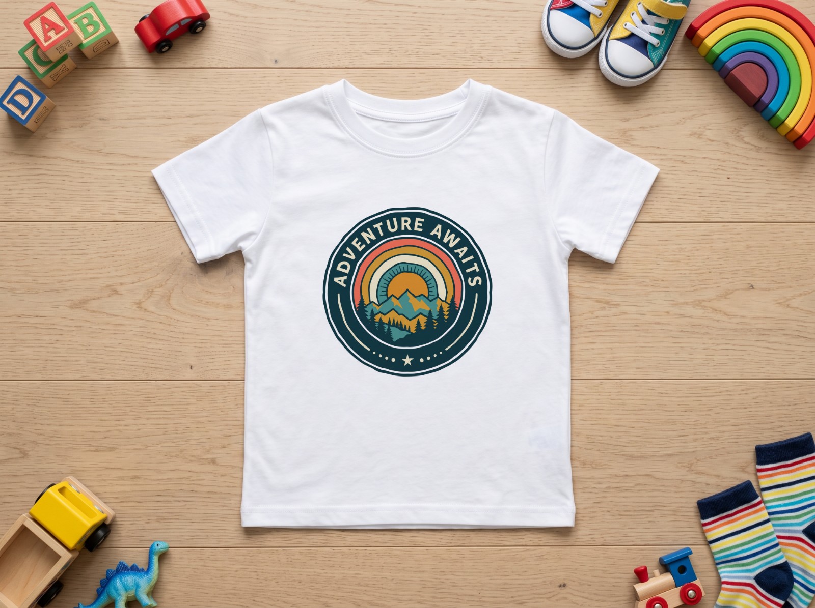 White Kids T-Shirt Flat Lay with Wooden Toys showing the Adventure Awaits badge