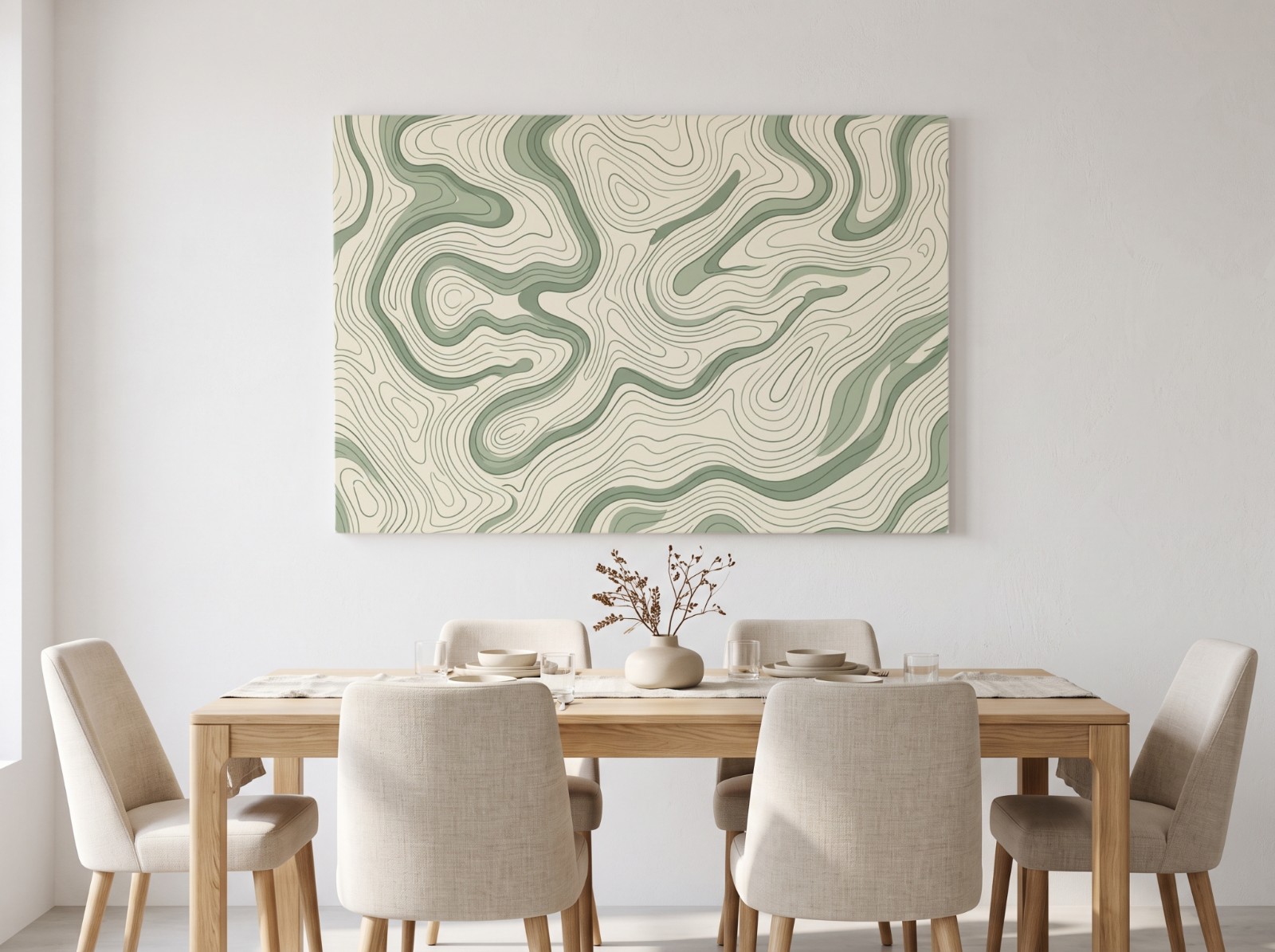 White Landscape Canvas Mockup above an Oak Dining Table example