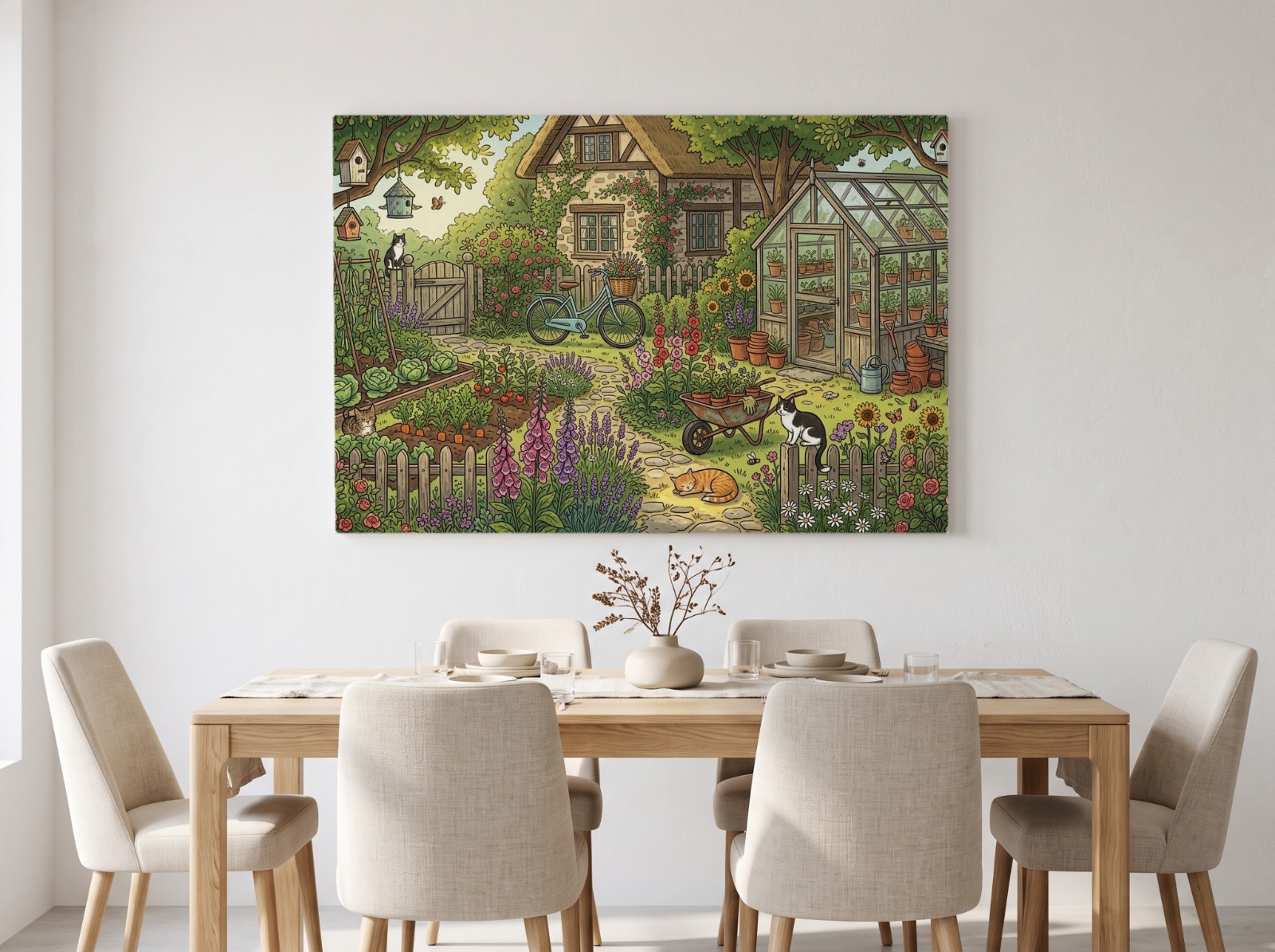 White Landscape Canvas above an Oak Dining Table showing a cottage garden illustration
