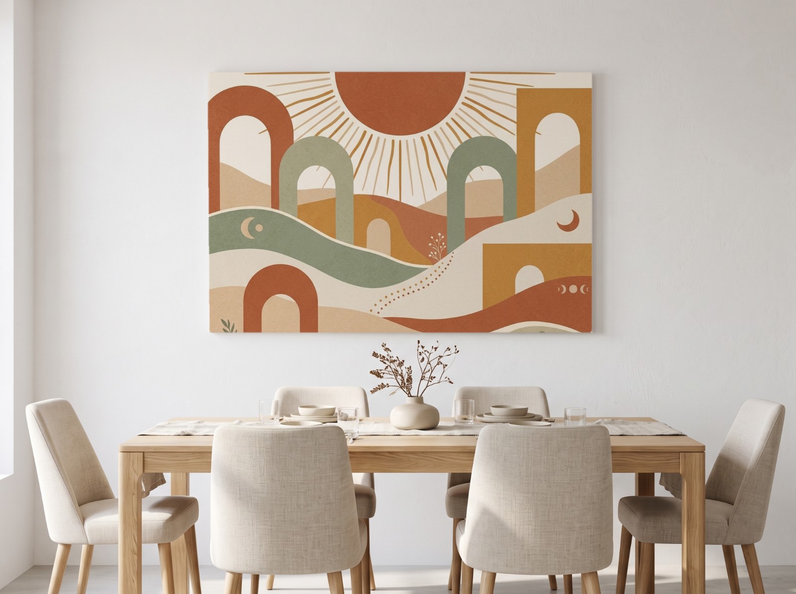 White Landscape Canvas above an Oak Dining Table showing a boho sun wall art