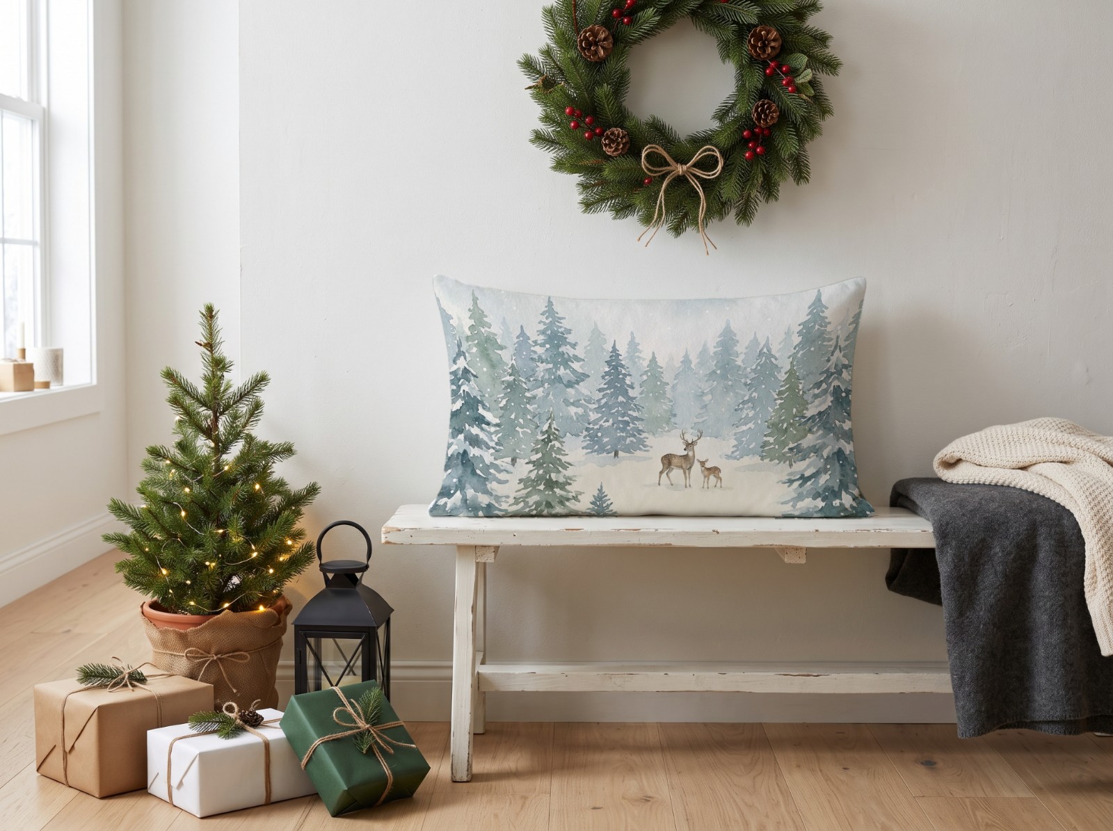 White Lumbar Pillow Christmas Mockup on a Bench under a Wreath example