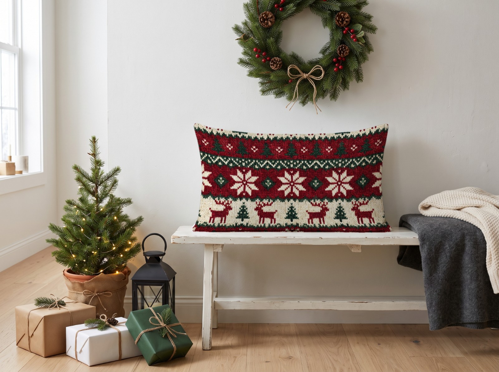 White Lumbar Pillow Christmas on a Bench under a Wreath showing a Nordic fair isle reindeer pattern